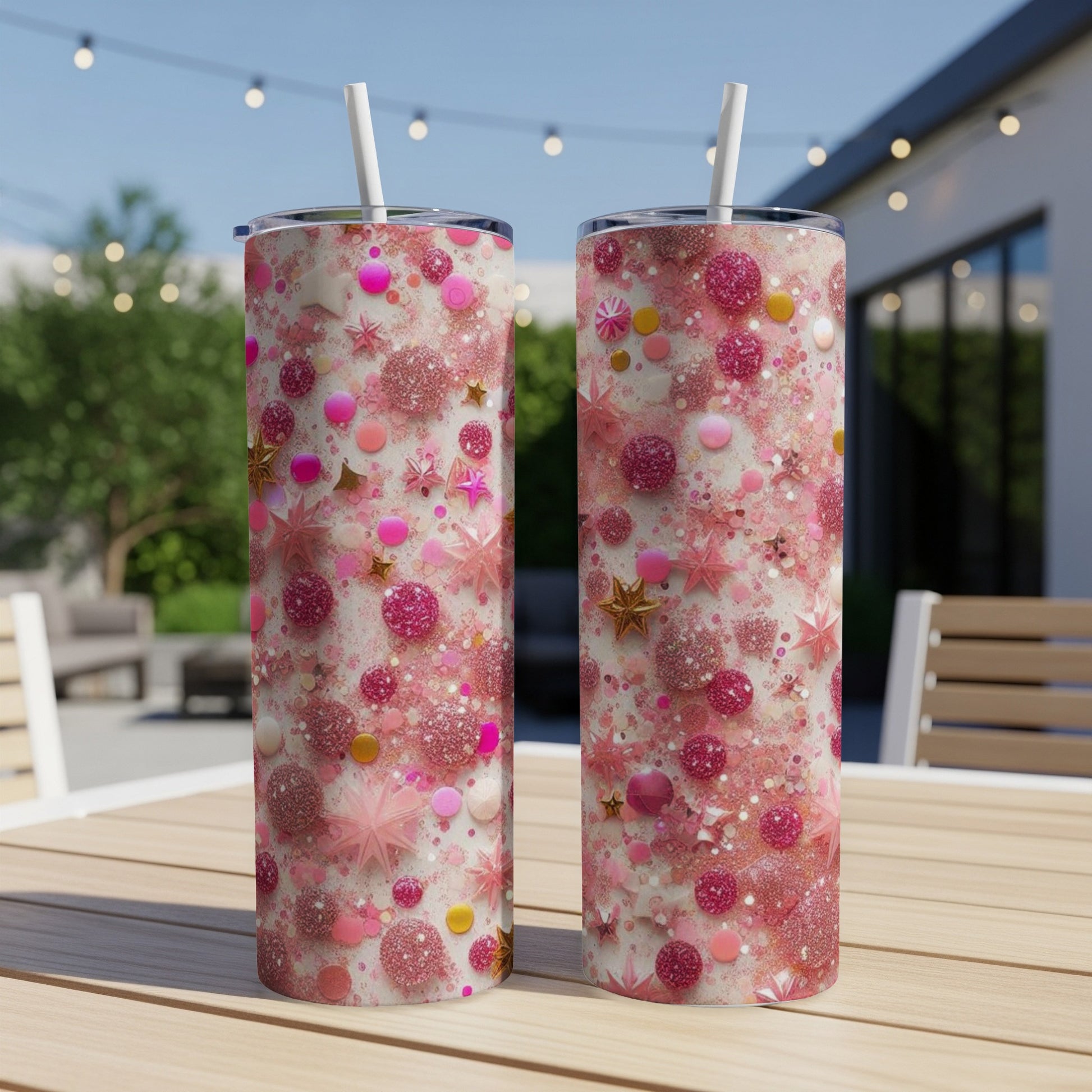 Two pink glitter tumblers with stars and candy designs sit on a wooden table.