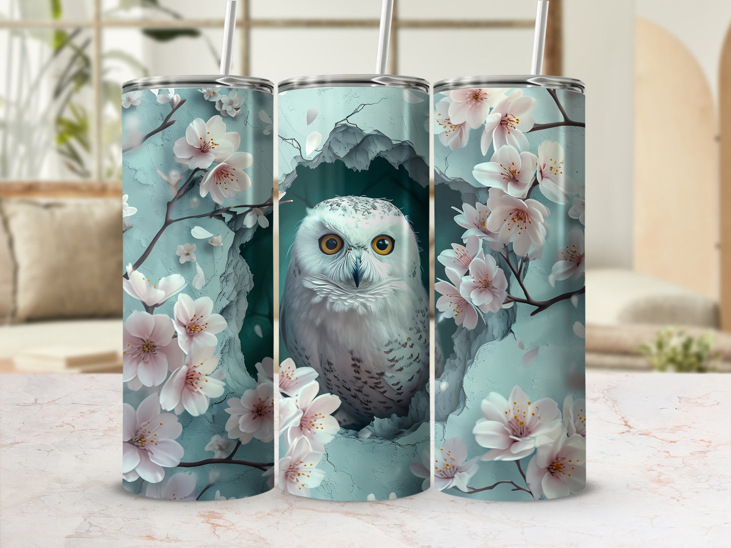 Snowy owl emerging from a crevice surrounded by blooming cherry blossoms.