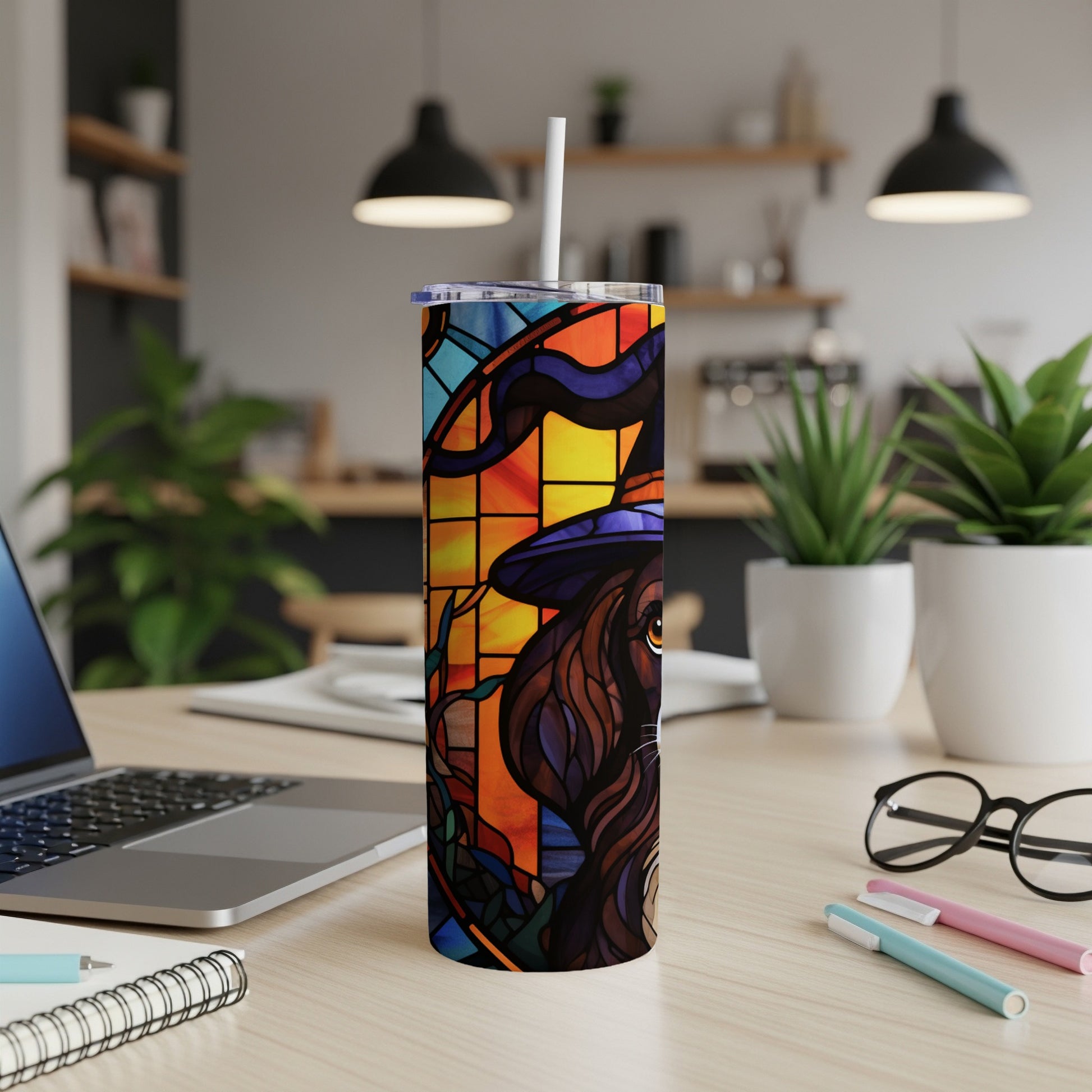 Stained glass tumbler with Halloween cat and witch hat design.