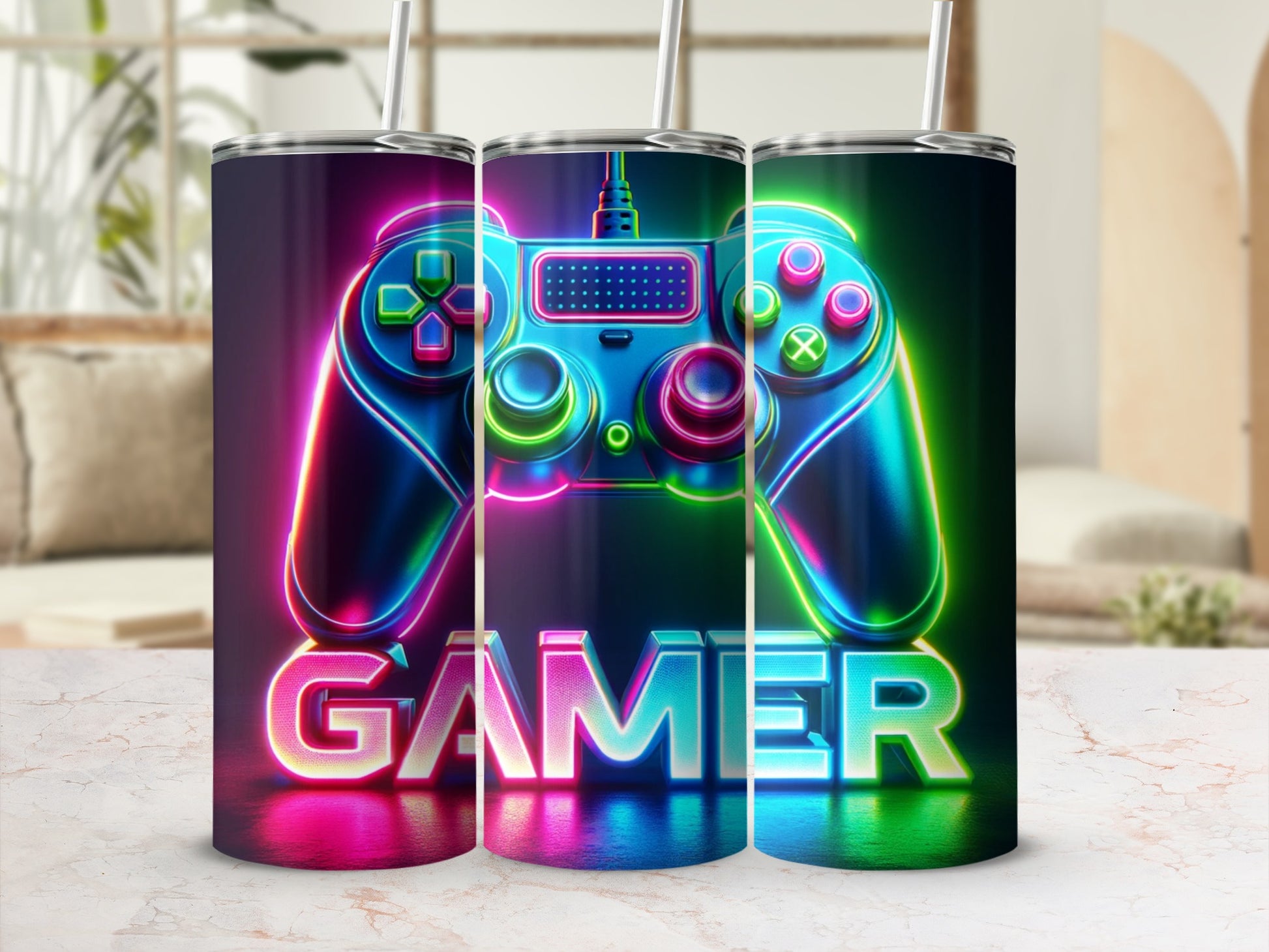 Gamer tumbler with neon controller design and text.