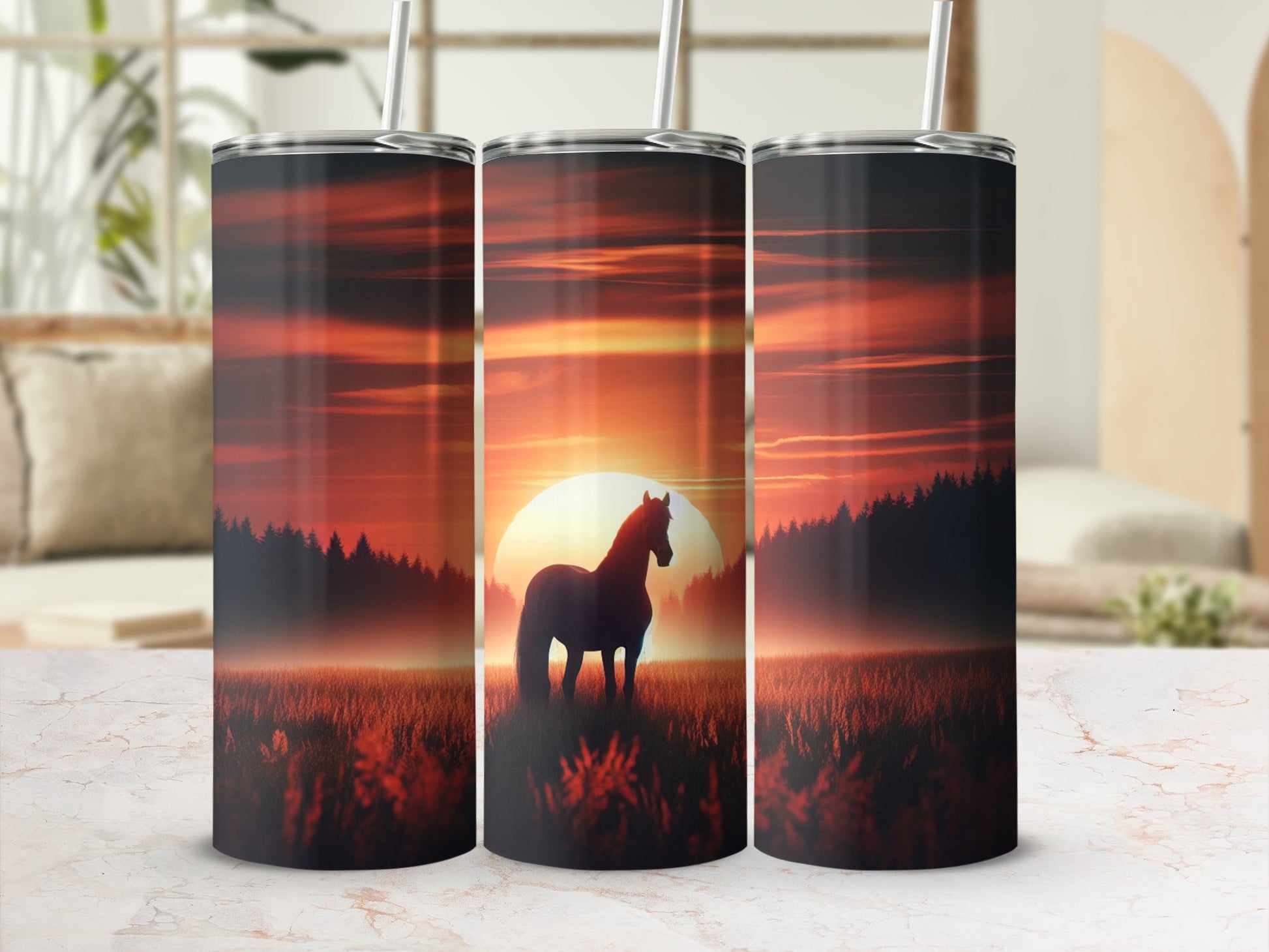 Silhouette of a horse at sunset against a fiery sky.