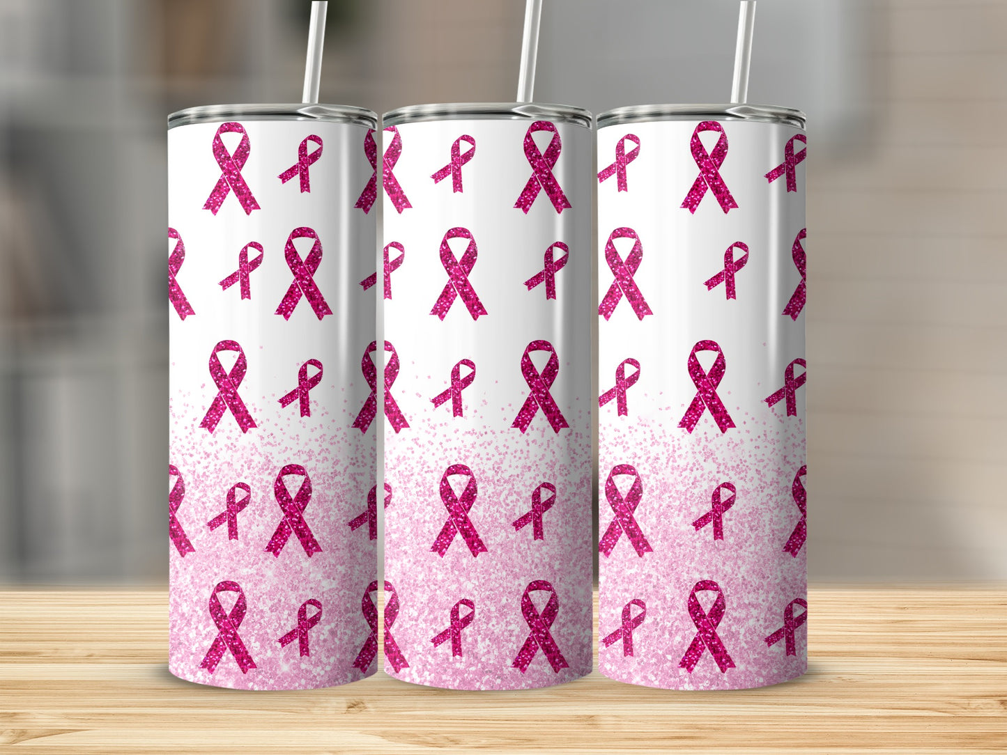 White tumbler with pink glitter gradient breast cancer ribbons and straws.