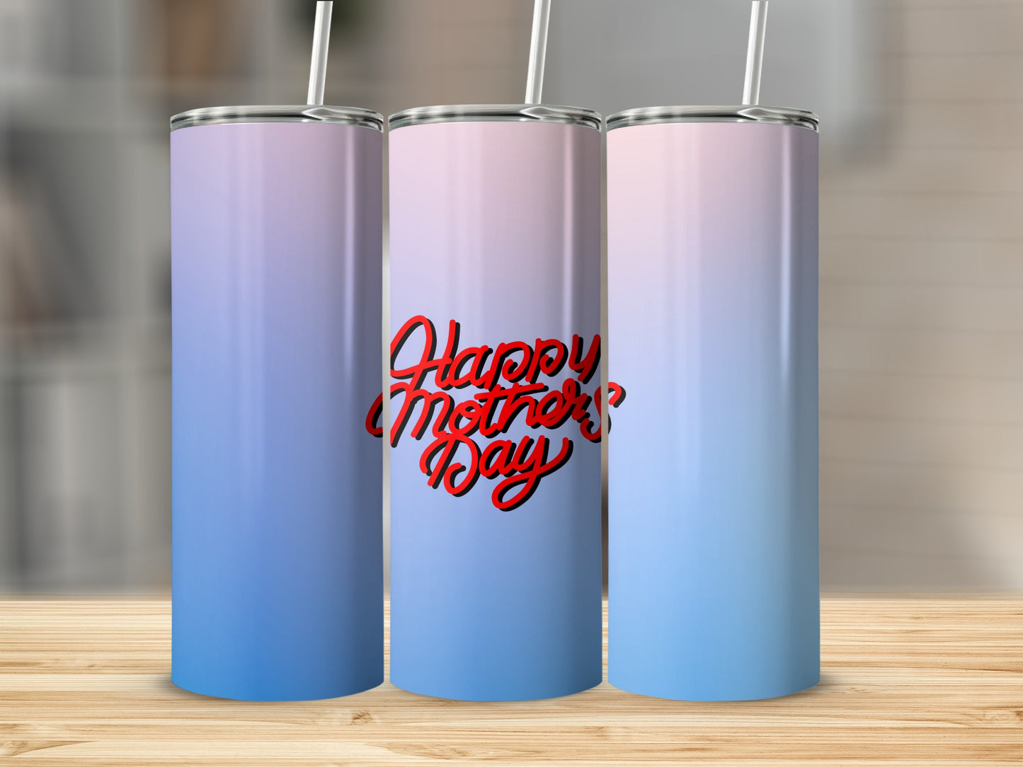 Three tumblers with a gradient of purple to blue, and "Happy Mother's Day" text.