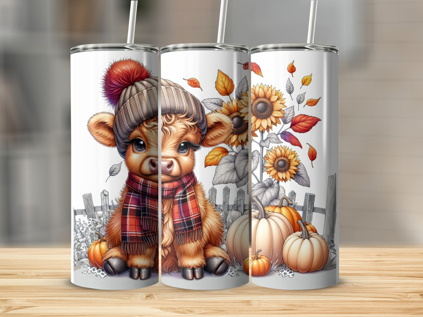 Cow in hat and scarf with pumpkins and sunflowers on tumblers.