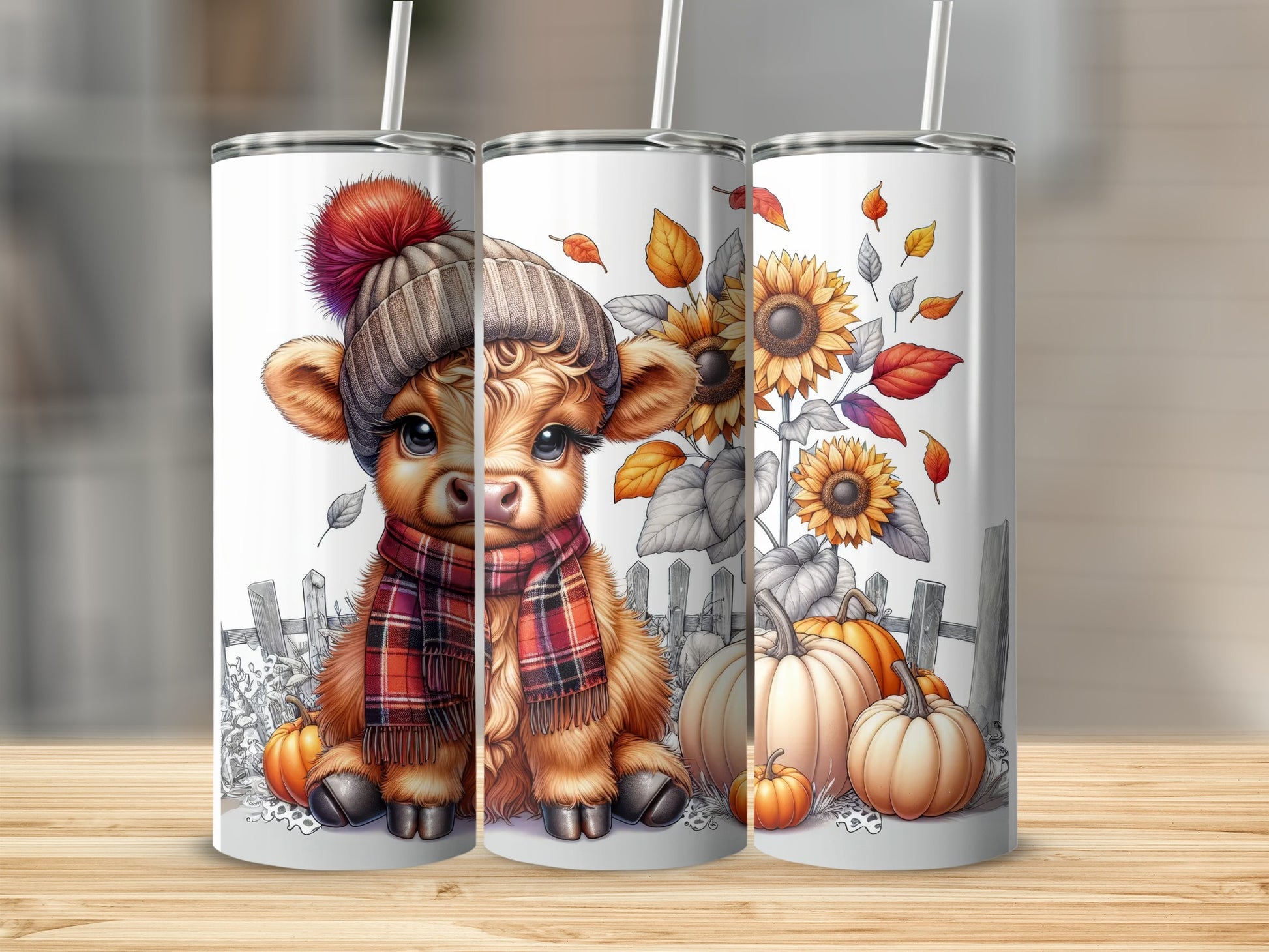 Cow in hat and scarf with pumpkins and sunflowers on tumblers.