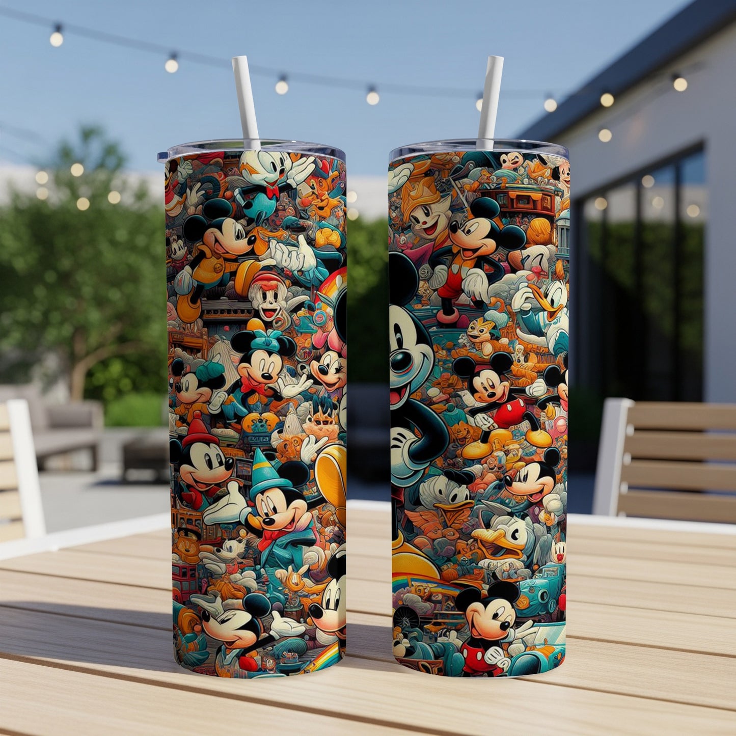 Two tumblers featuring a collage of classic Disney characters and scenes.