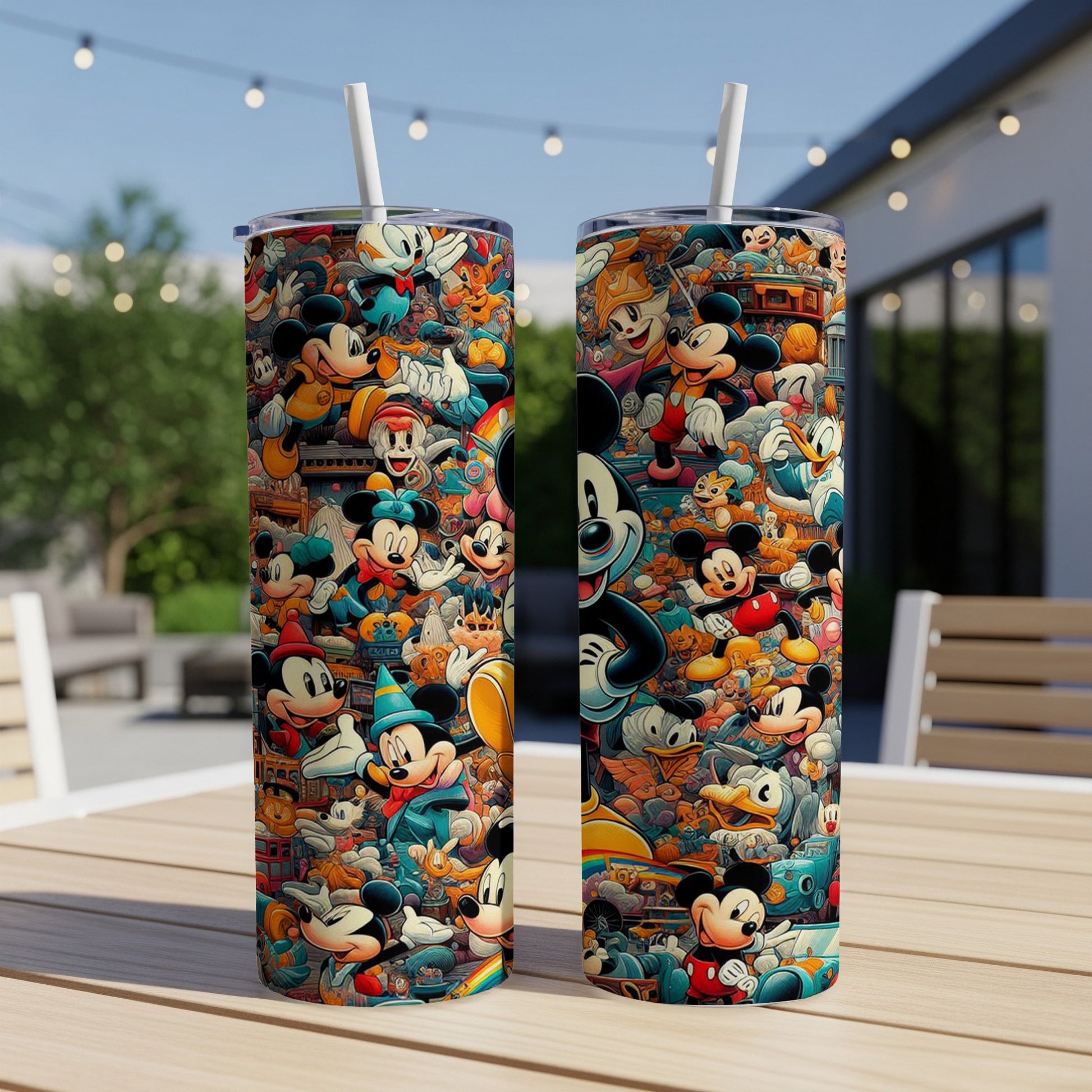 Two tumblers featuring a collage of classic Disney characters and scenes.