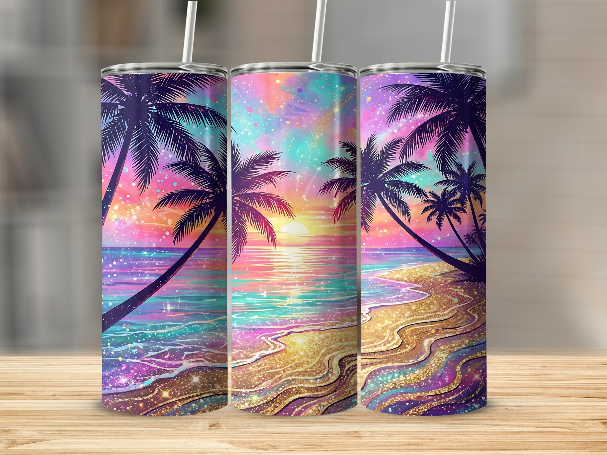 Three tumblers with colorful tropical sunset beach scenes and palm trees.