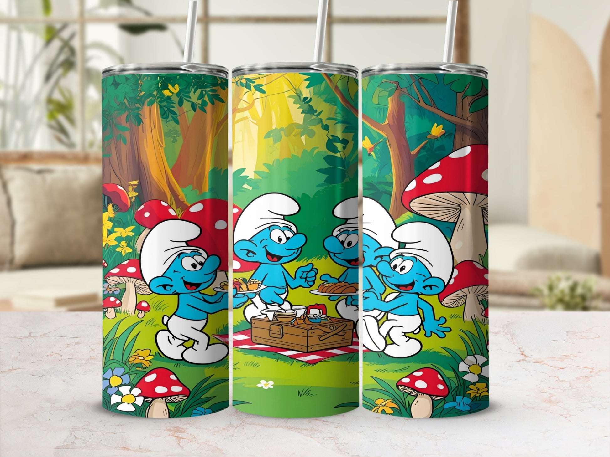 Smurfs enjoying a picnic in a forest with mushrooms and flowers.