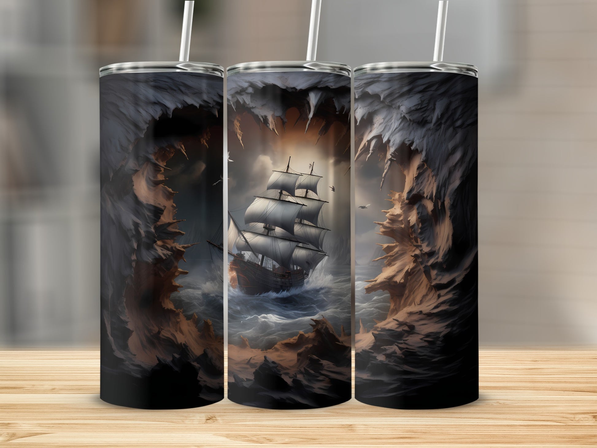 Tall ship sailing through stormy seas surrounded by rocky outcrops.