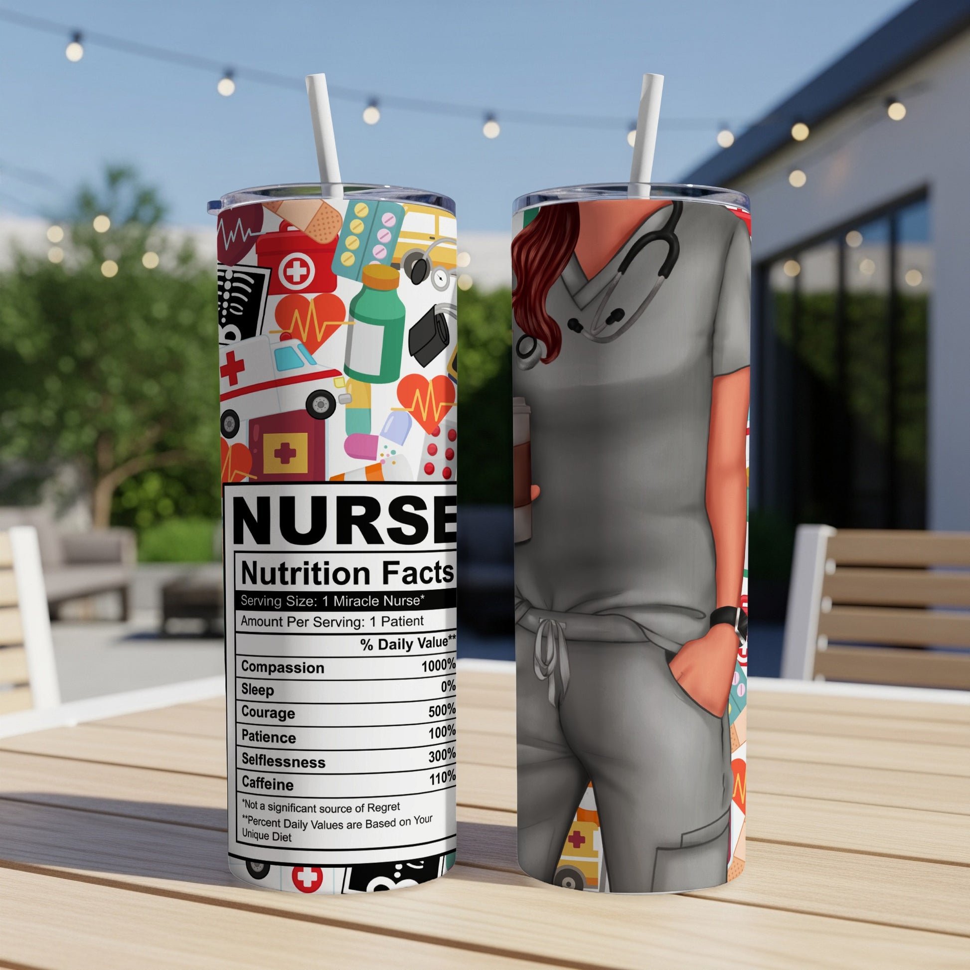 Nurse nutrition facts label on a tumbler with medical icons.