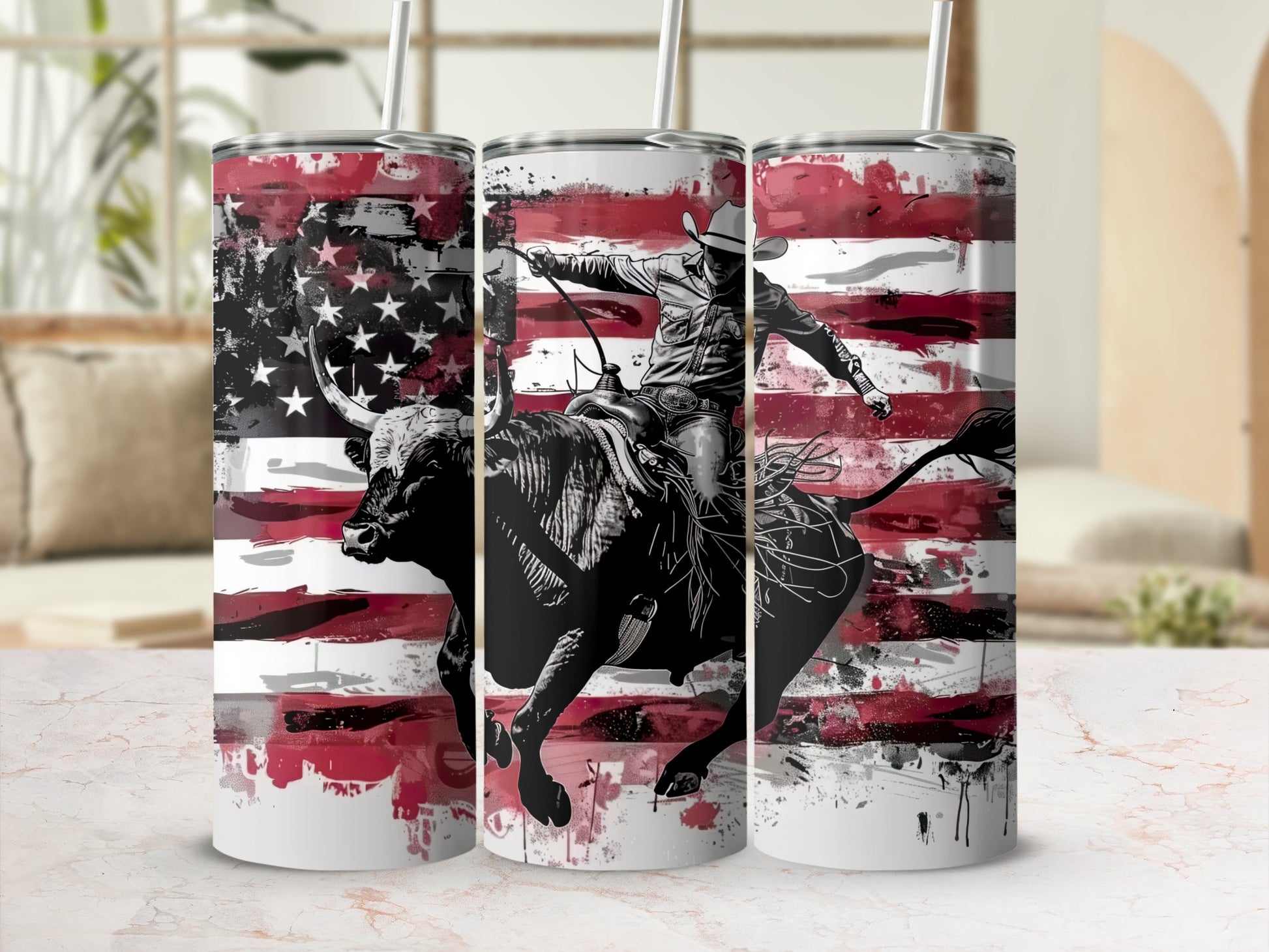 Cowboy riding a bucking bull with an American flag design.