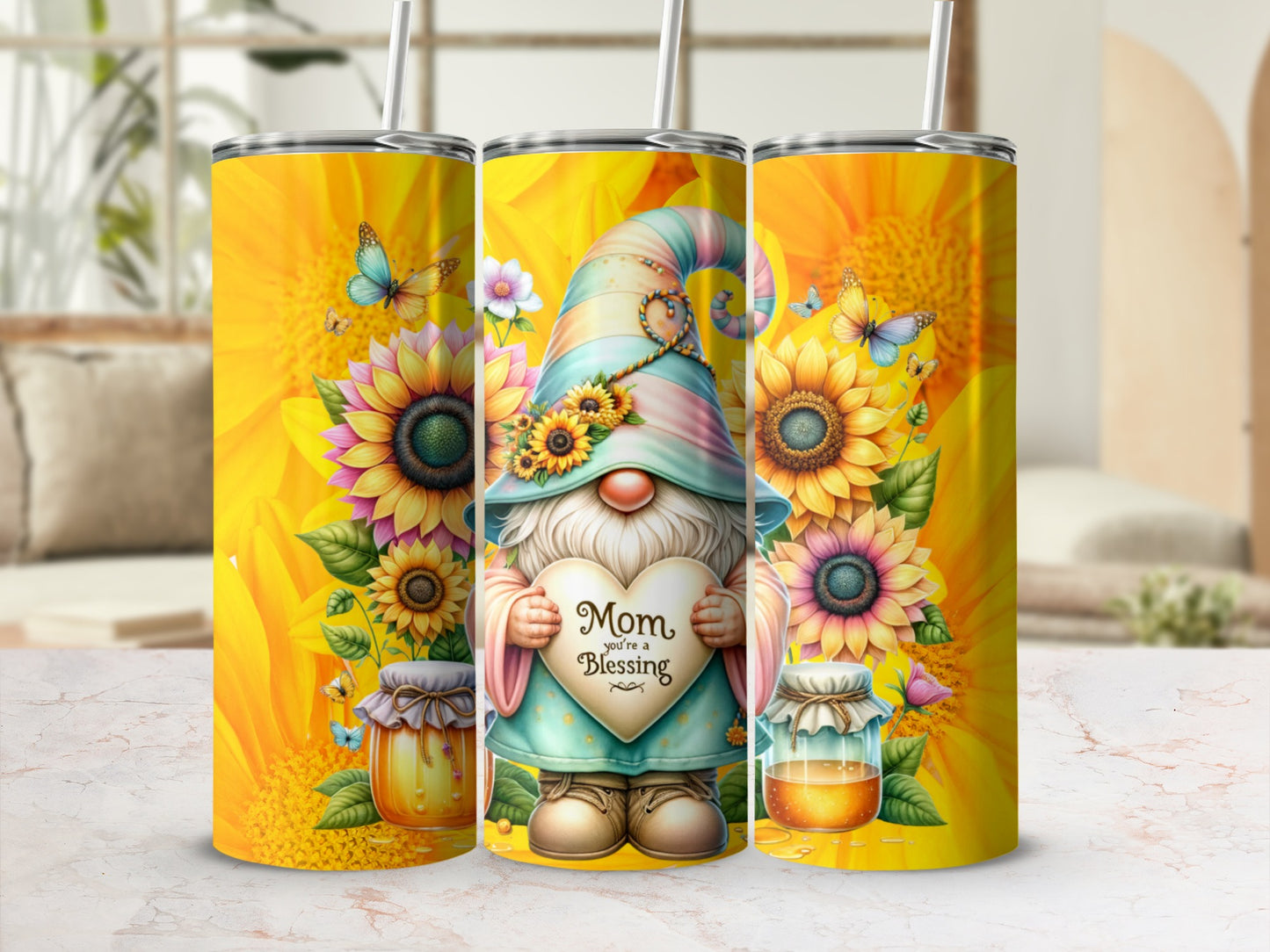 Mom You're A Blessing Gnome Sunflower Tumbler