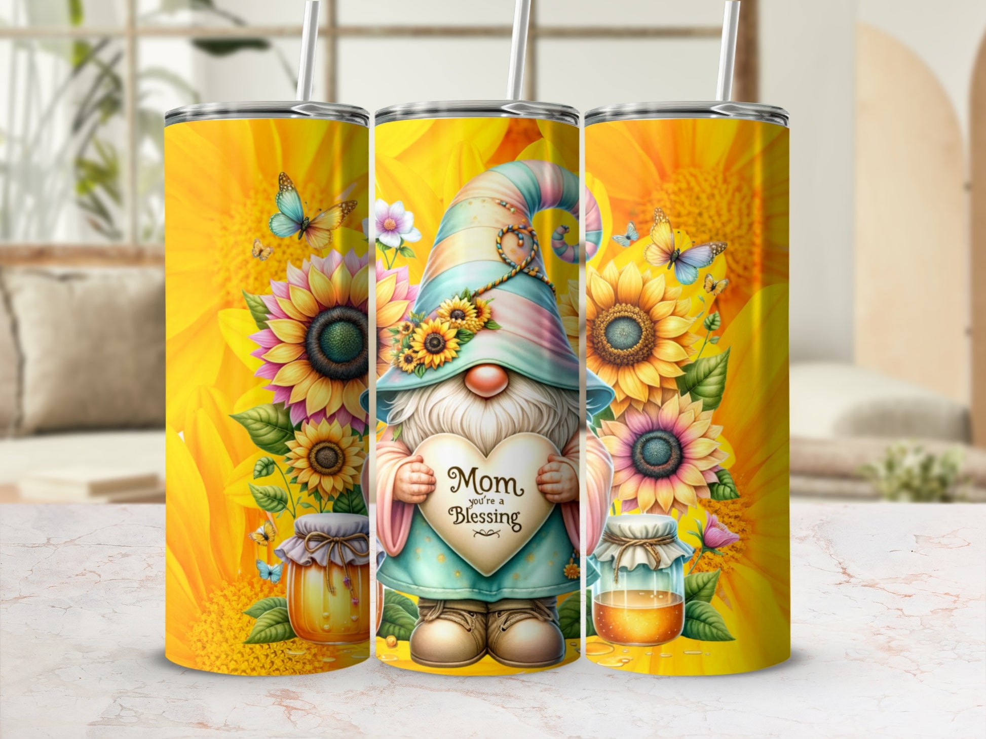 Mom You're A Blessing Gnome Sunflower Tumbler