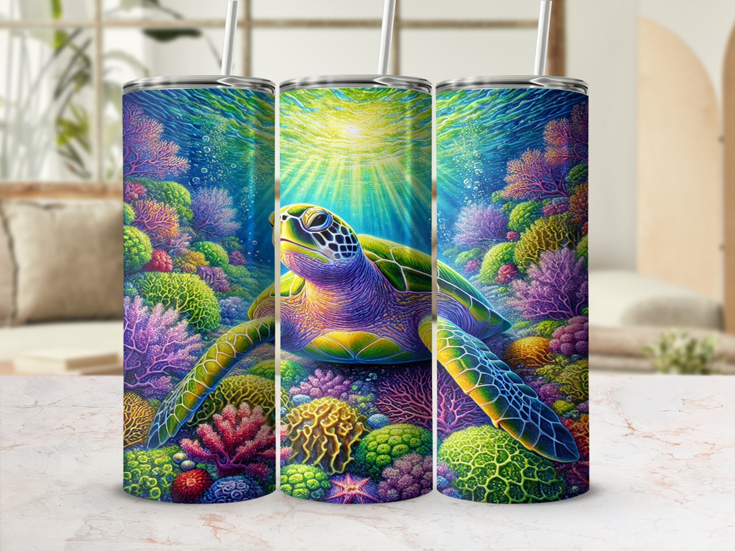 Colorful Sea Turtle and Coral Design Tumbler Cup