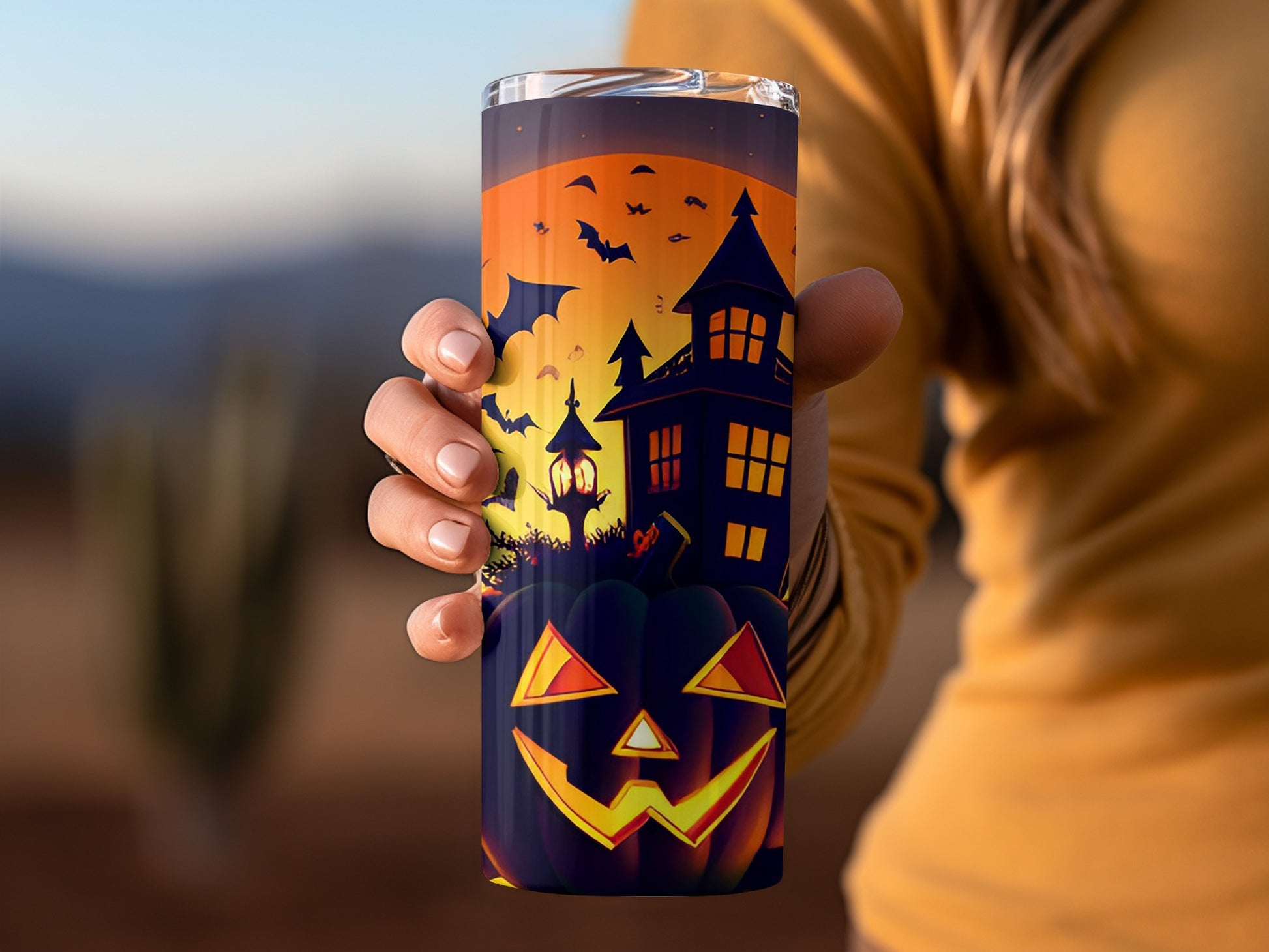 Spooky Haunted House and Jack-O'-Lantern tumbler product