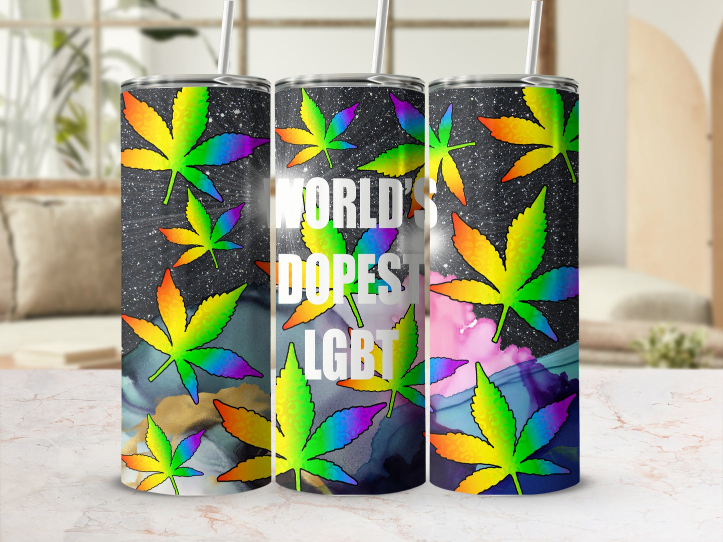 World's Dopest LGBT tumbler with rainbow marijuana leaves and galaxy background.