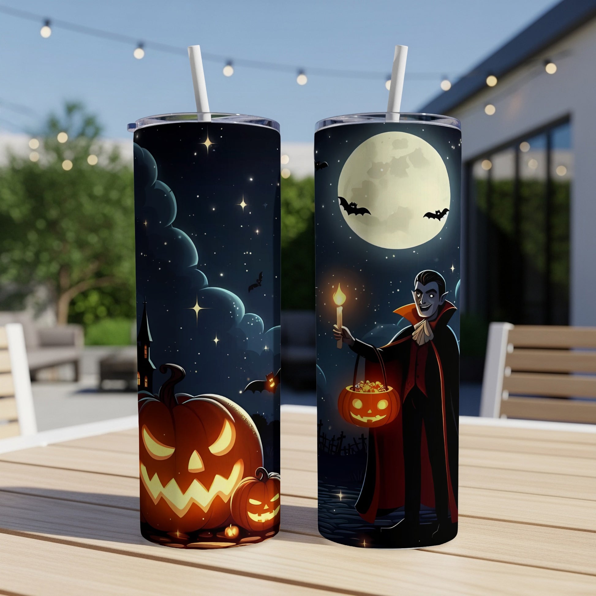 Two tumblers with Halloween designs featuring a vampire, jack-o'-lanterns, and bats on a moonlit night.