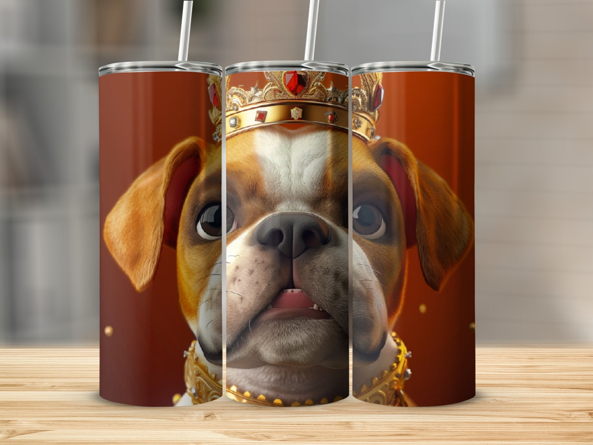 Boxer dog wearing a crown and ornate collar, shown on a tumbler.