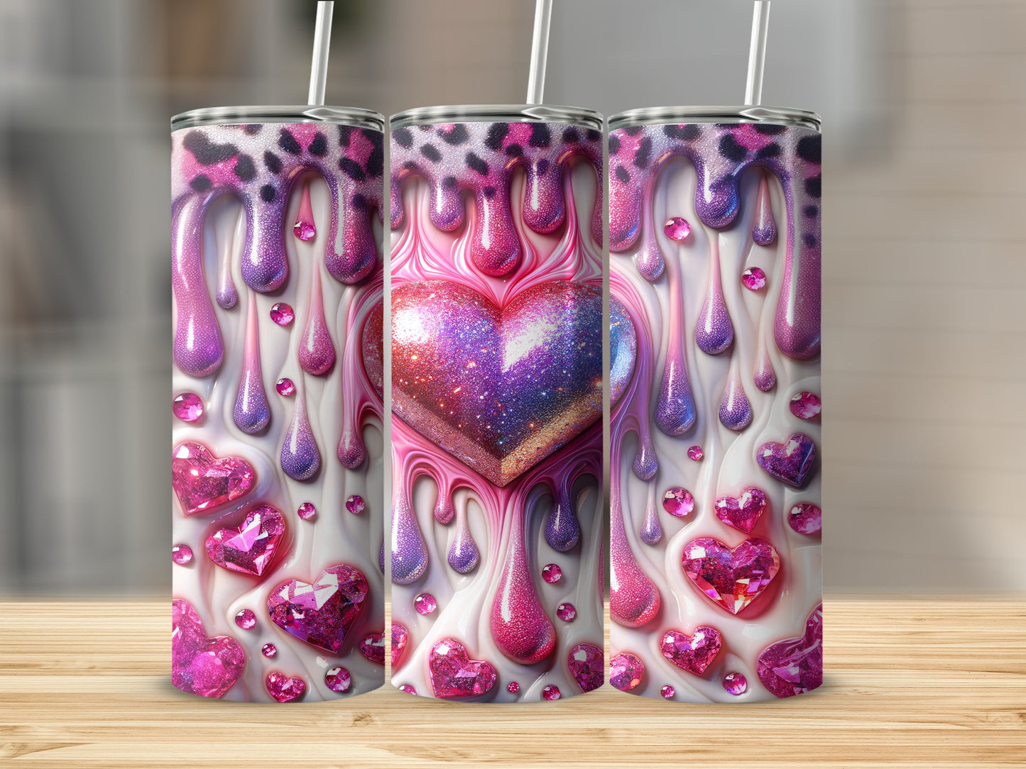 Valentine's Day! Glazed Hearts in Pink and Purple Valentine's Day! Dripping Hearts and Gems on Creamy Surface Tumblers