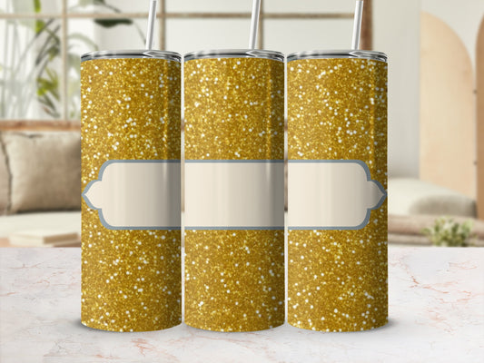 Three glitter tumblers with blank creamy white label accents.