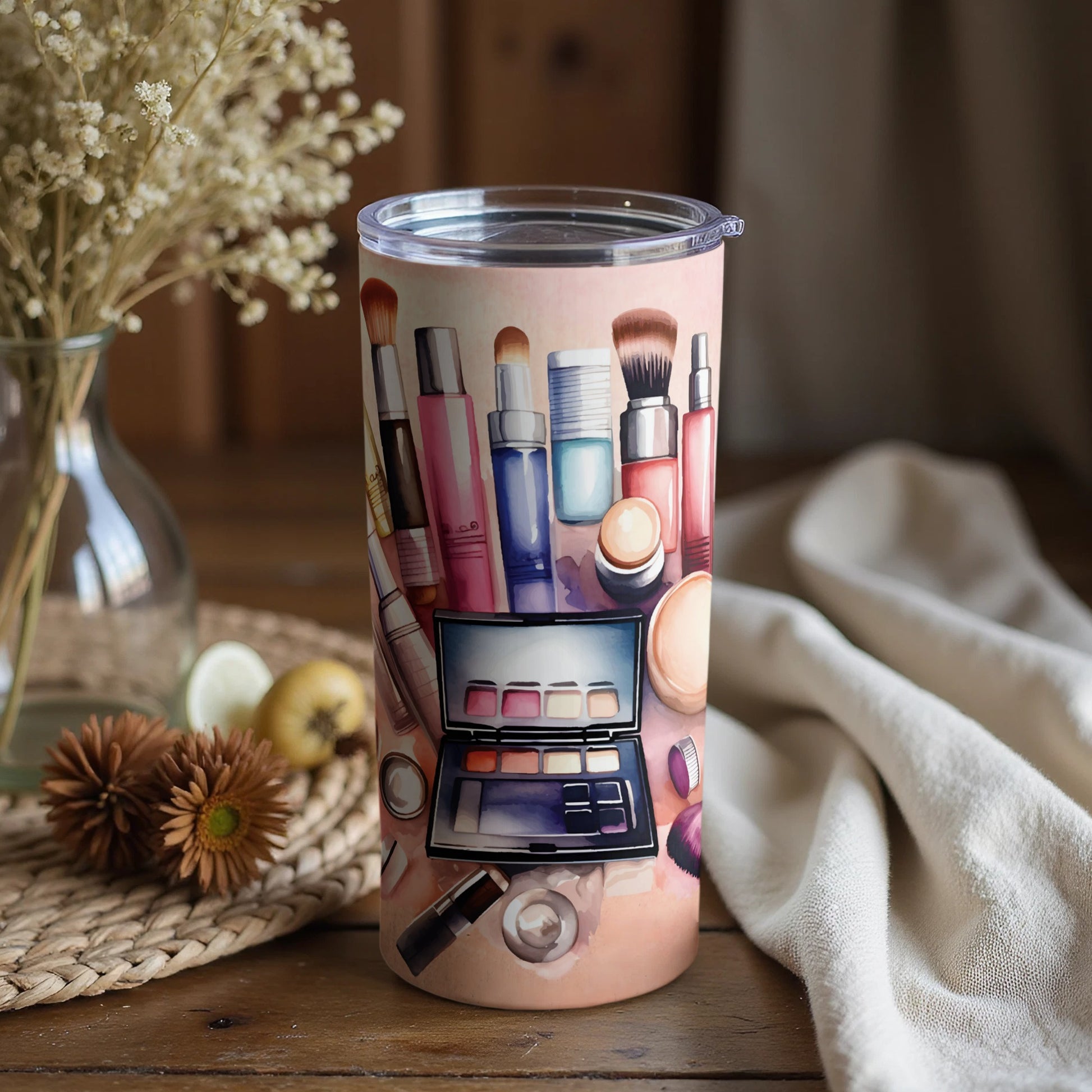 Makeup Inspired Travel Tumbler with Artistic Design