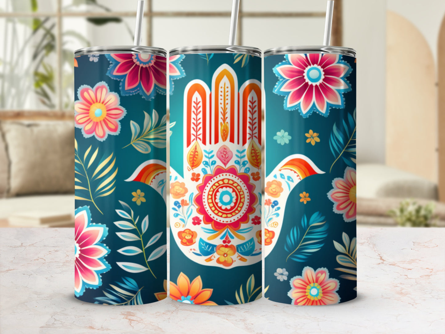 Tall tumbler with Hamsa hand design and floral accents.
