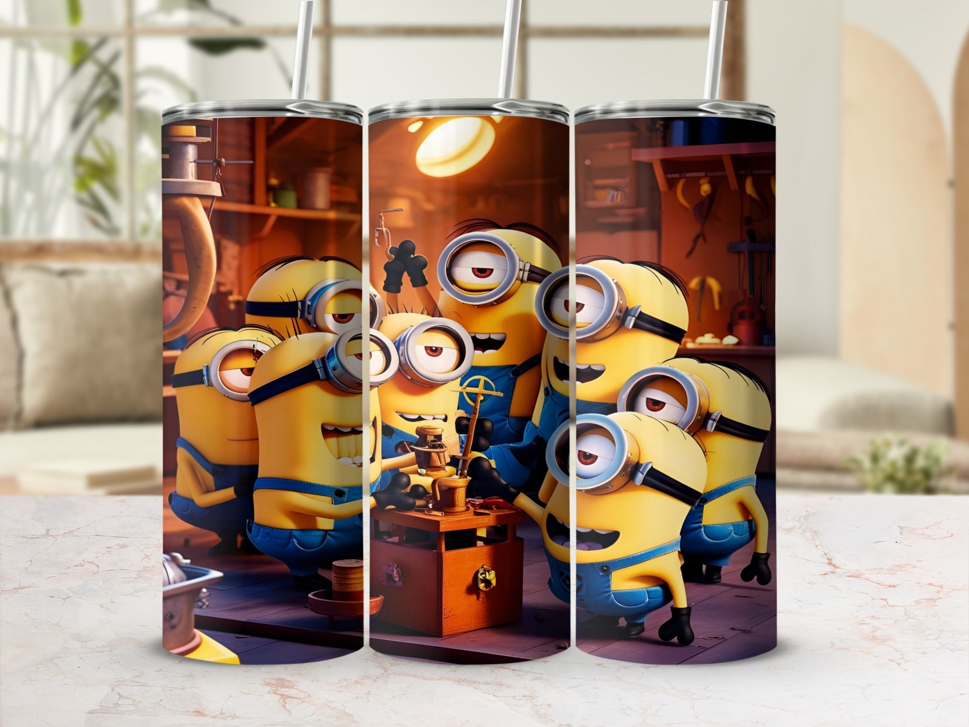 Minions in overalls working on a small wooden contraption with straws.