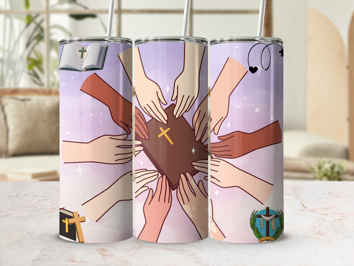 Inspirational Hands Holding Cross Tumbler Design