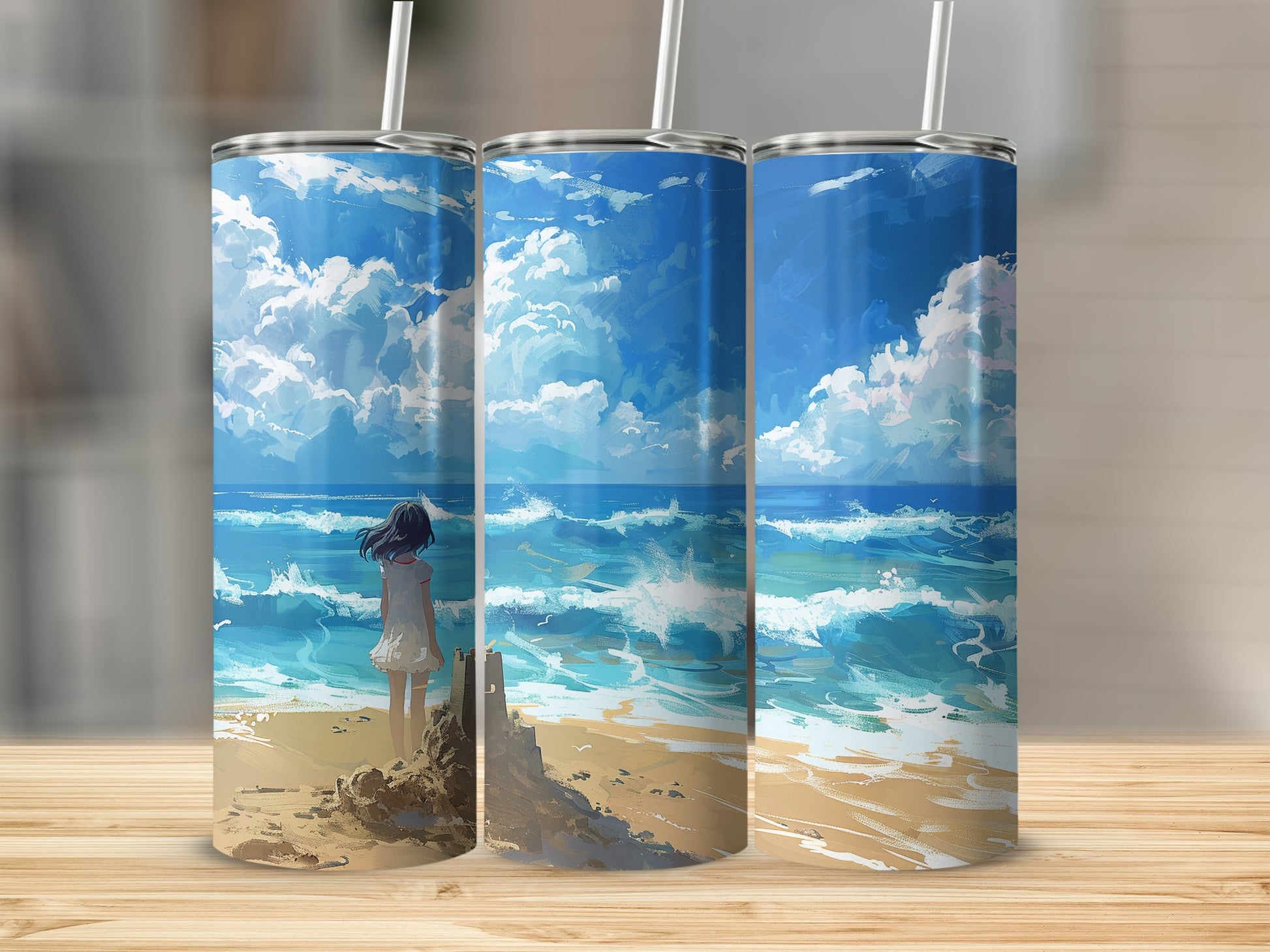 Anime Girl Beach Ocean Waves Blue Sky Clouds Scenic Art Tumbler product type