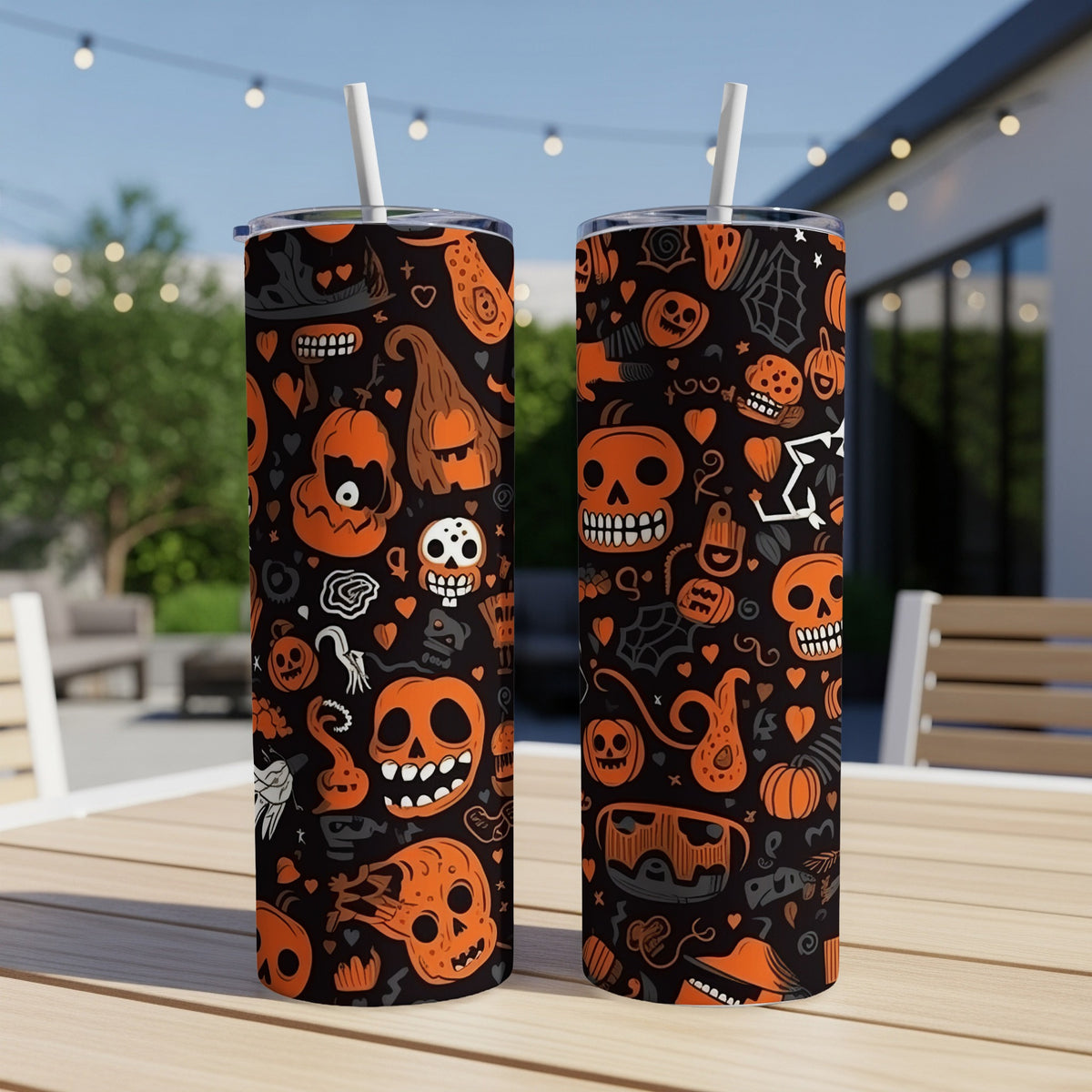 Two tall tumblers with Halloween-themed pattern of skulls, pumpkins, and bats.
