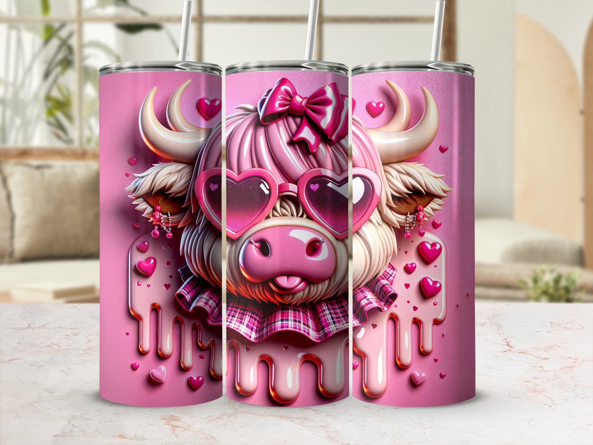 Pink cow tumbler with heart sunglasses and bow, decorated with hearts.