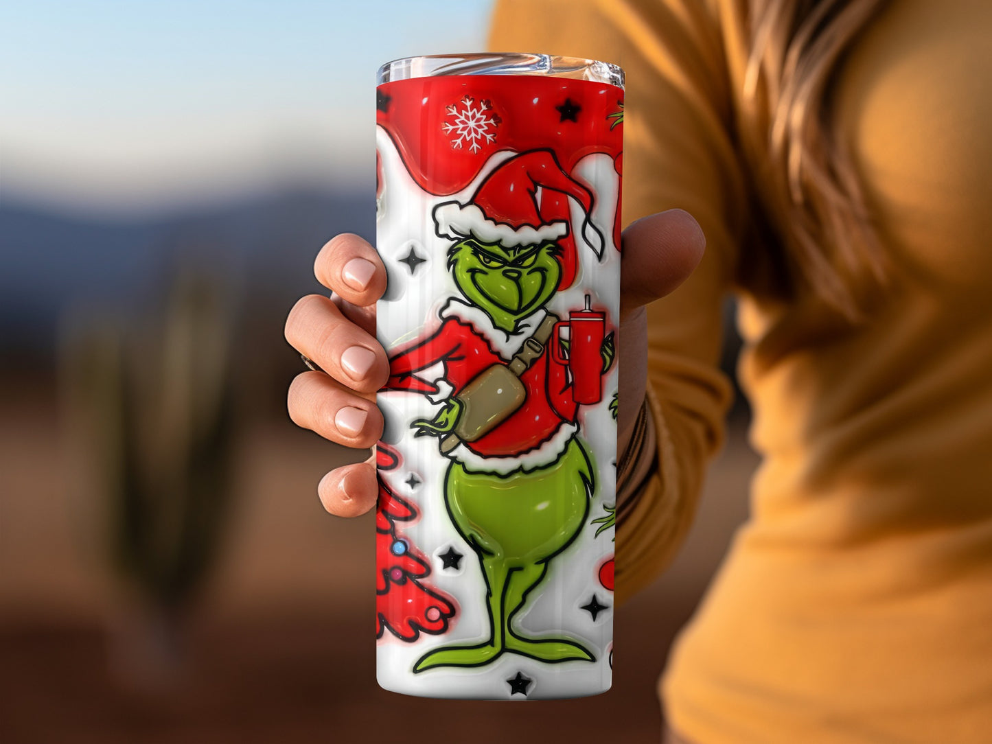 Grinch Santa Holding Cup Christmas Gift Tumbler Holiday Mug