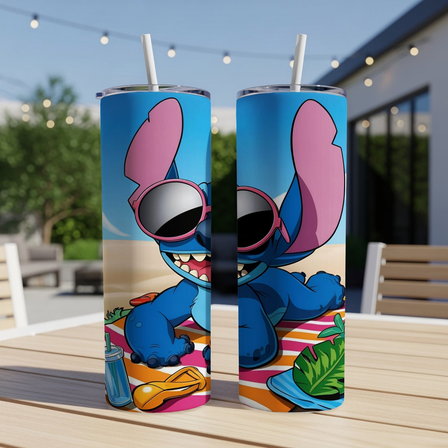 Stitch in sunglasses on a beach, printed on two tumblers.