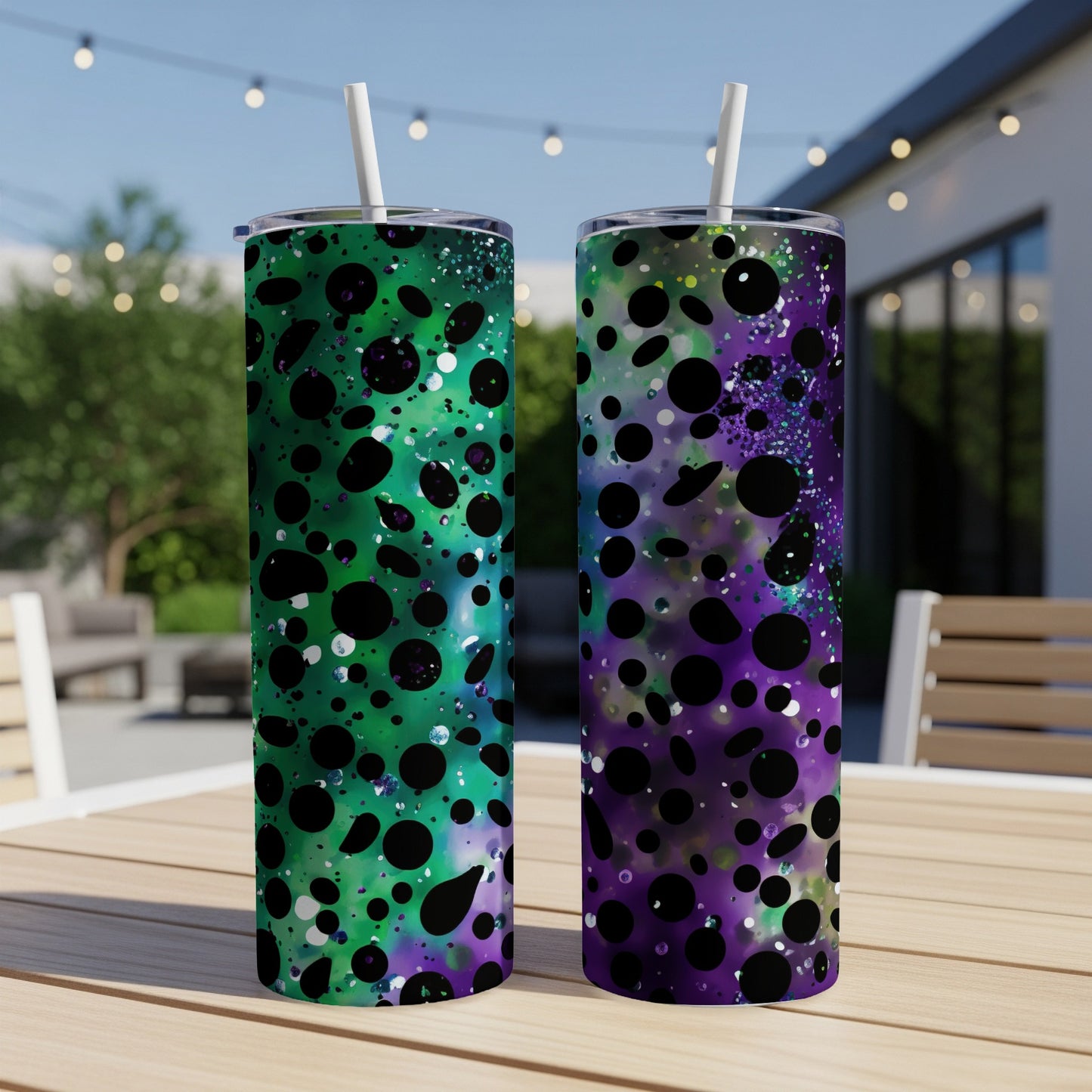 Two tumblers with green and purple splatter patterns, one with a straw.