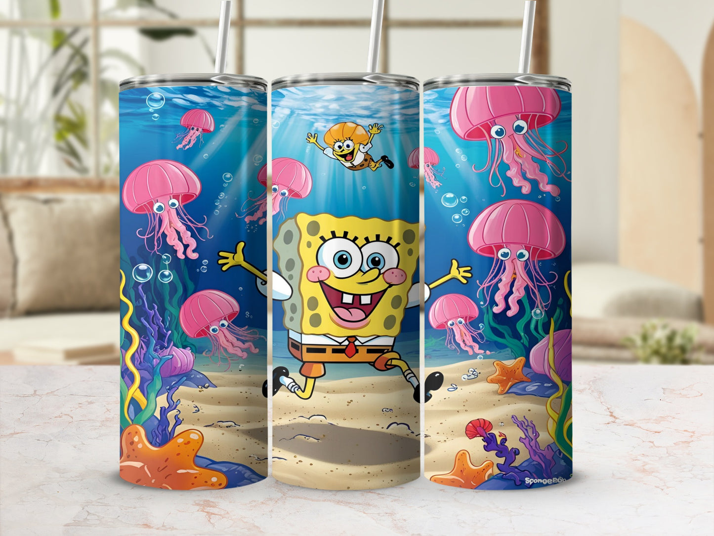 SpongeBob SquarePants running underwater with jellyfish and starfish.