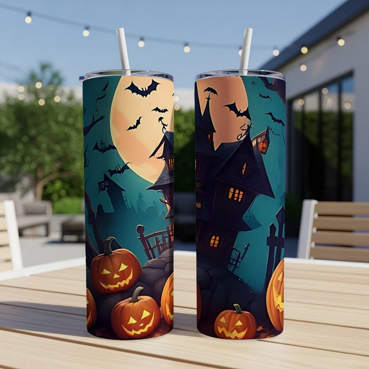 Halloween tumblers with haunted houses, bats, and jack-o'-lanterns.