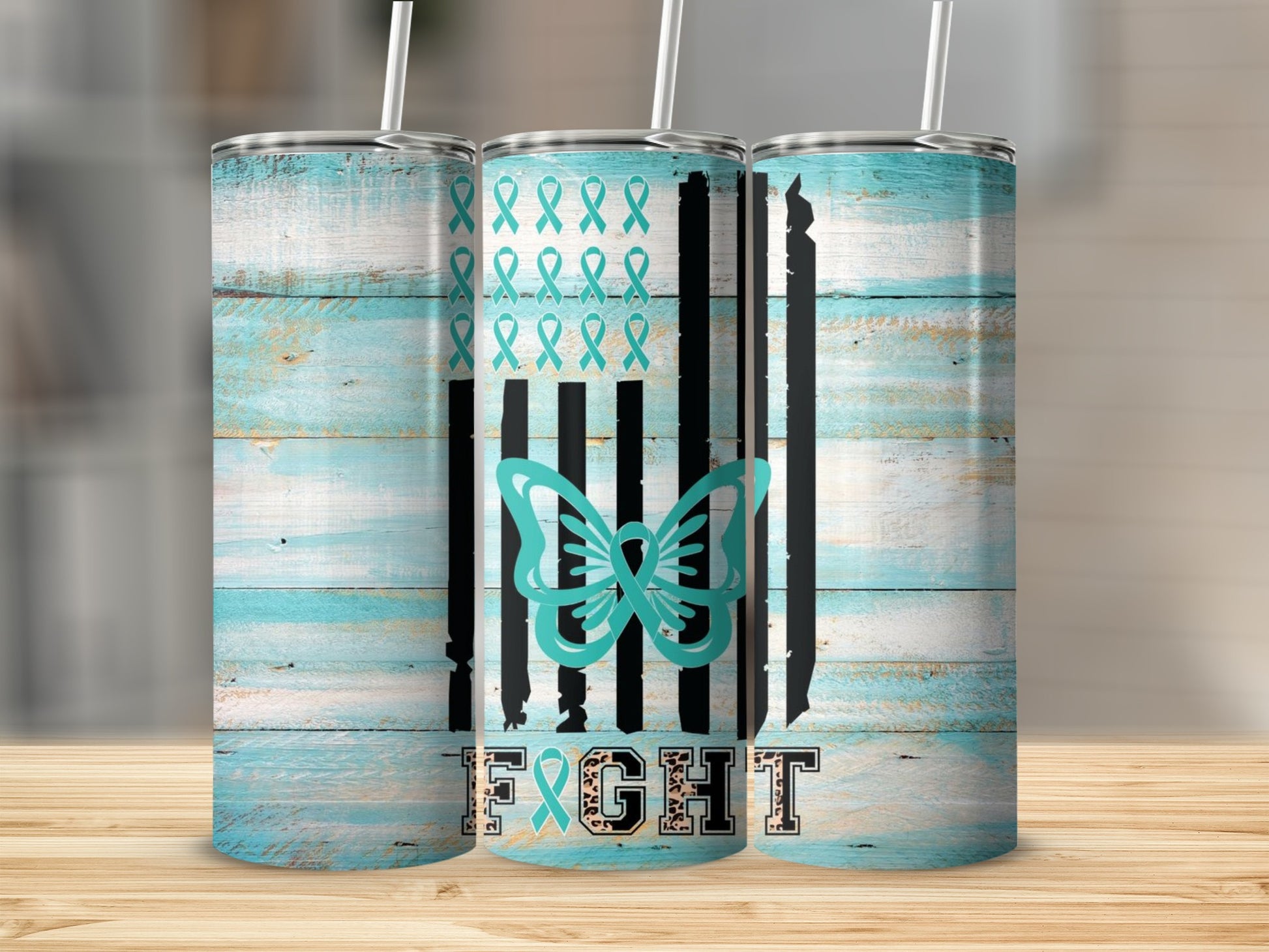 Teal Ribbon Butterfly Fight Design Tumbler Cup