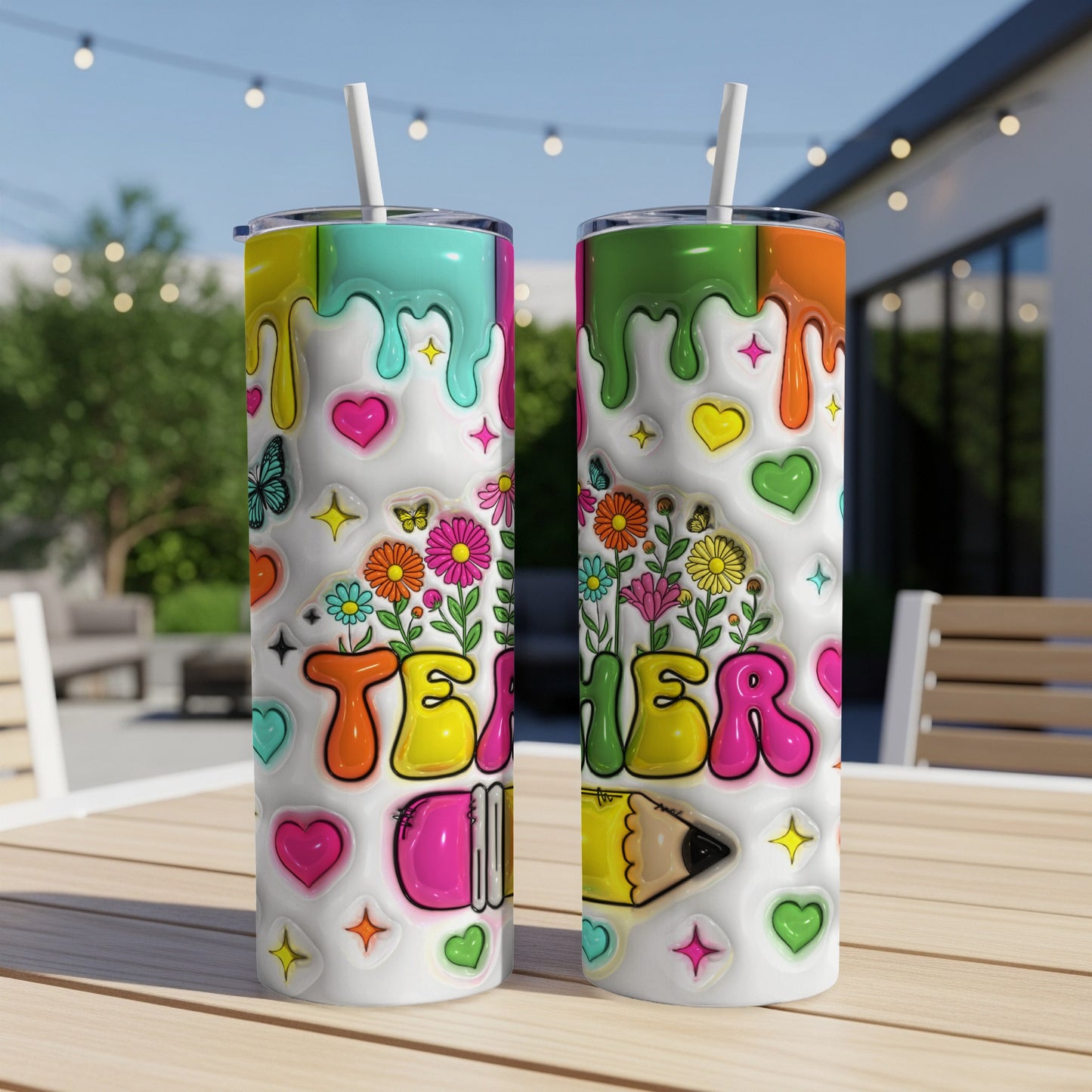 Two tumblers with "TEACHER LIFE" text and colorful floral, heart, and butterfly designs.