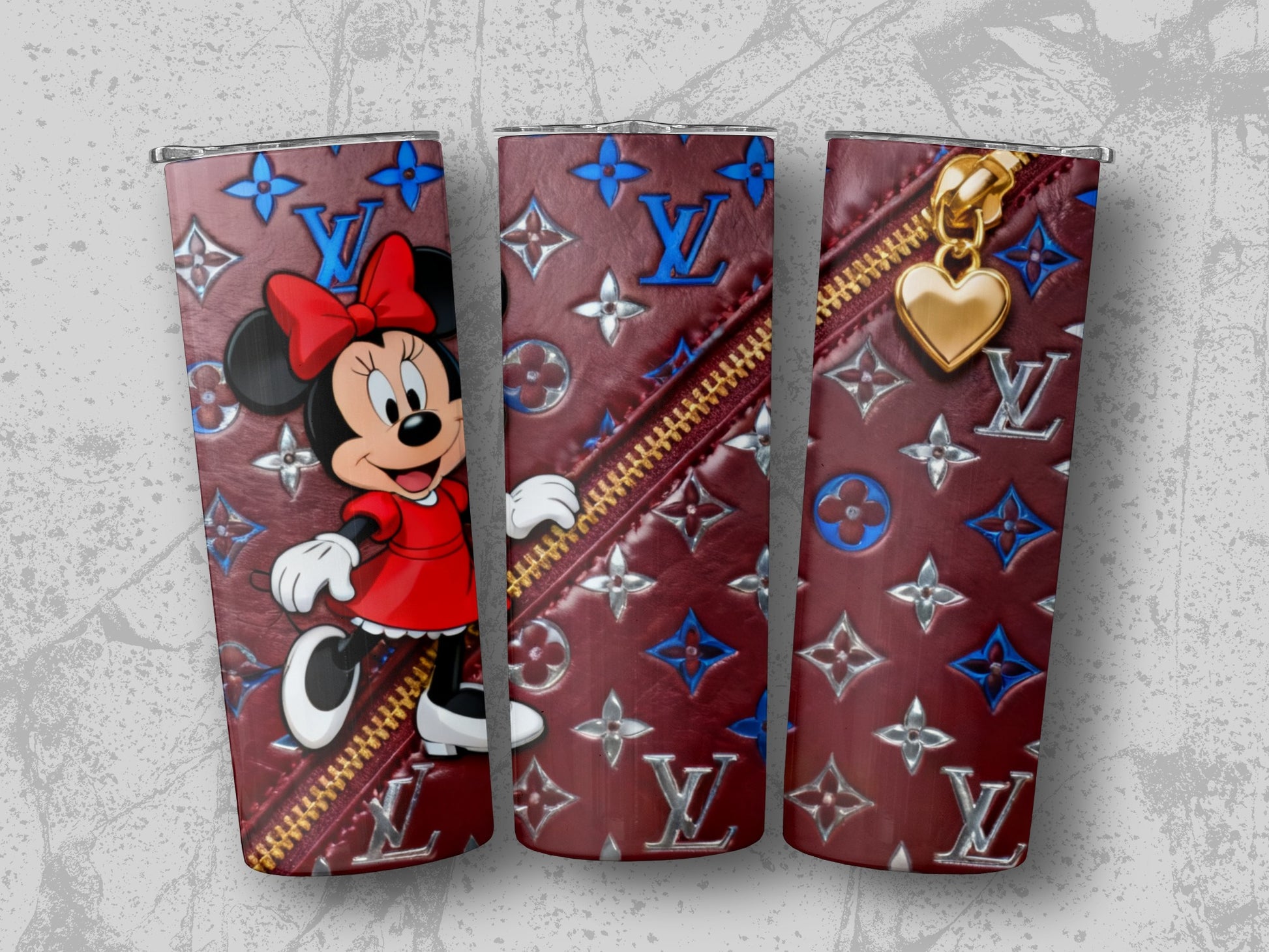 Minnie Mouse with monogram LV pattern on a dark red zippered tumbler.