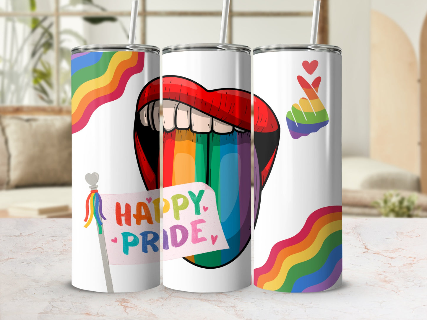 Tumbler with rainbow pride flag, smiling mouth, and heart hand gesture.