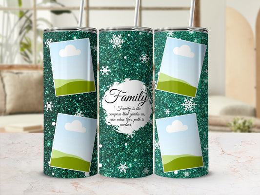 Three green glitter tumblers with snowflake accents and photo placeholders.
