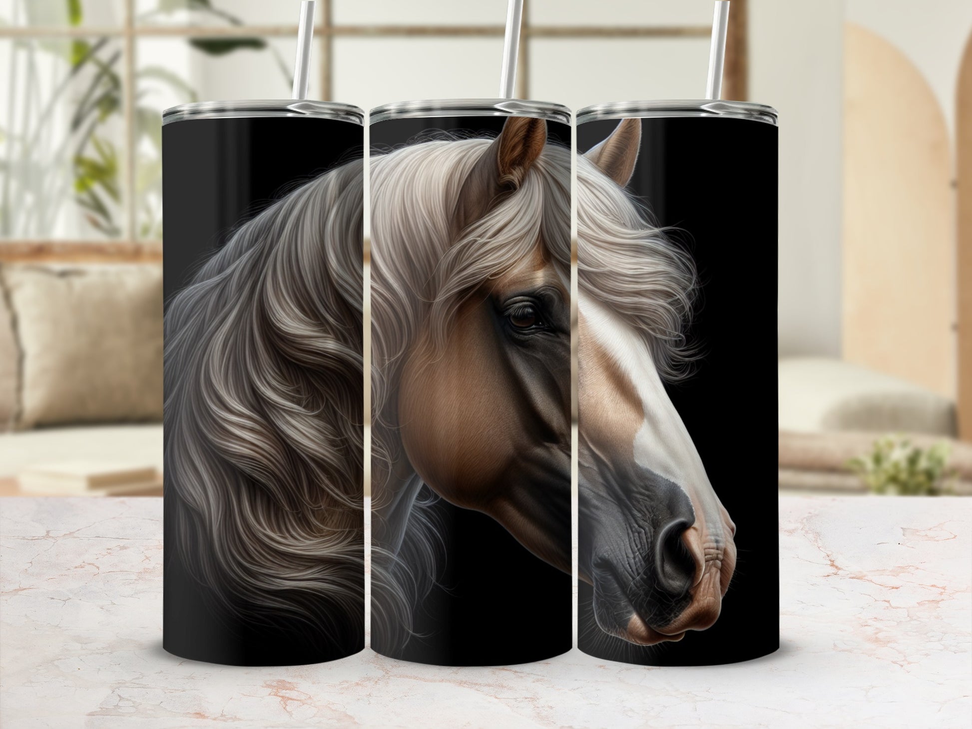 Three tumblers with a realistic horse portrait on a marble surface.