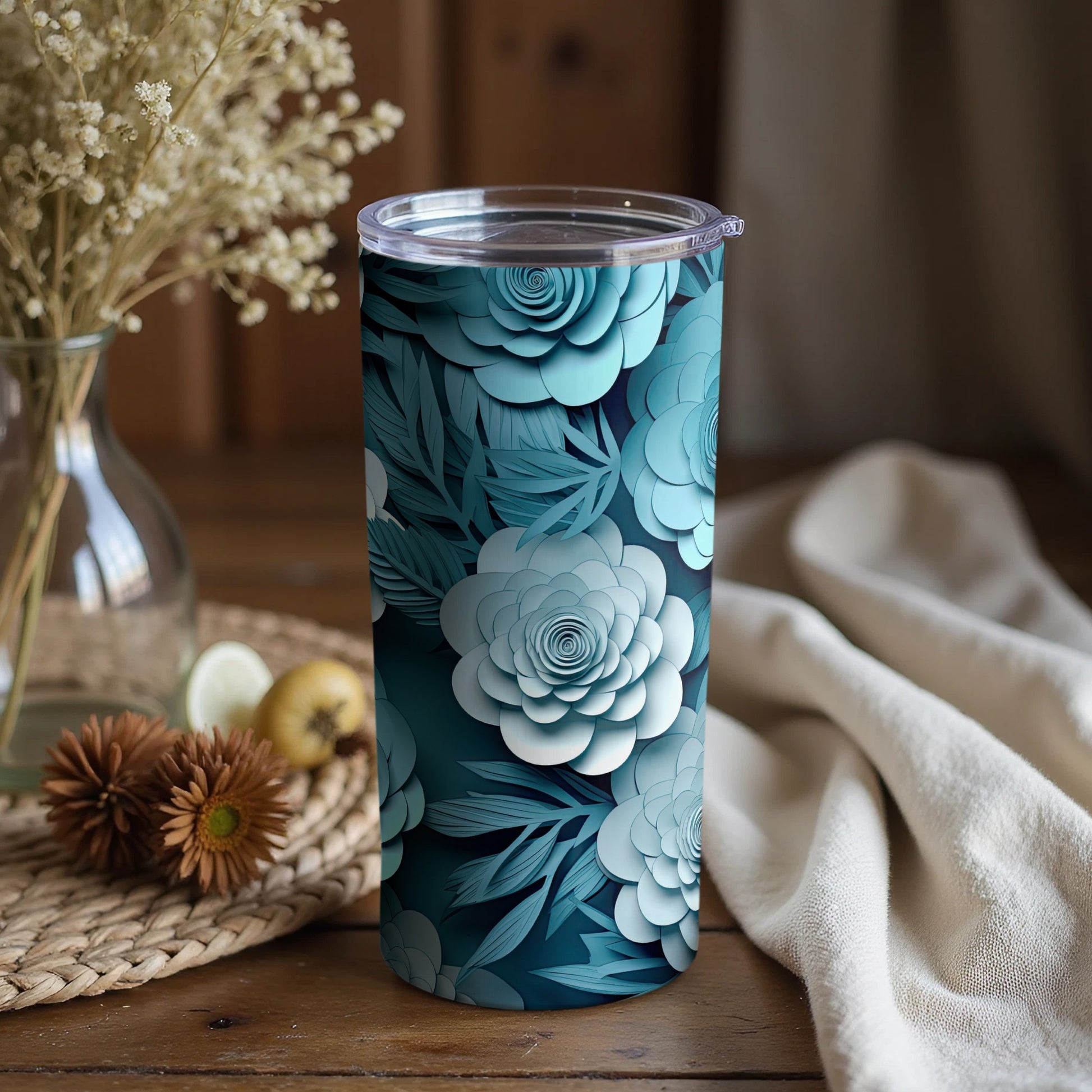 Blue Floral Stainless Steel Tumbler Eco-Friendly