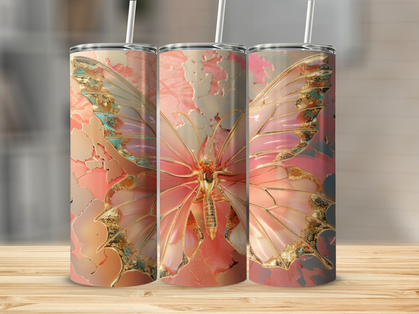Pink butterfly tumbler with floral accents on wooden surface.