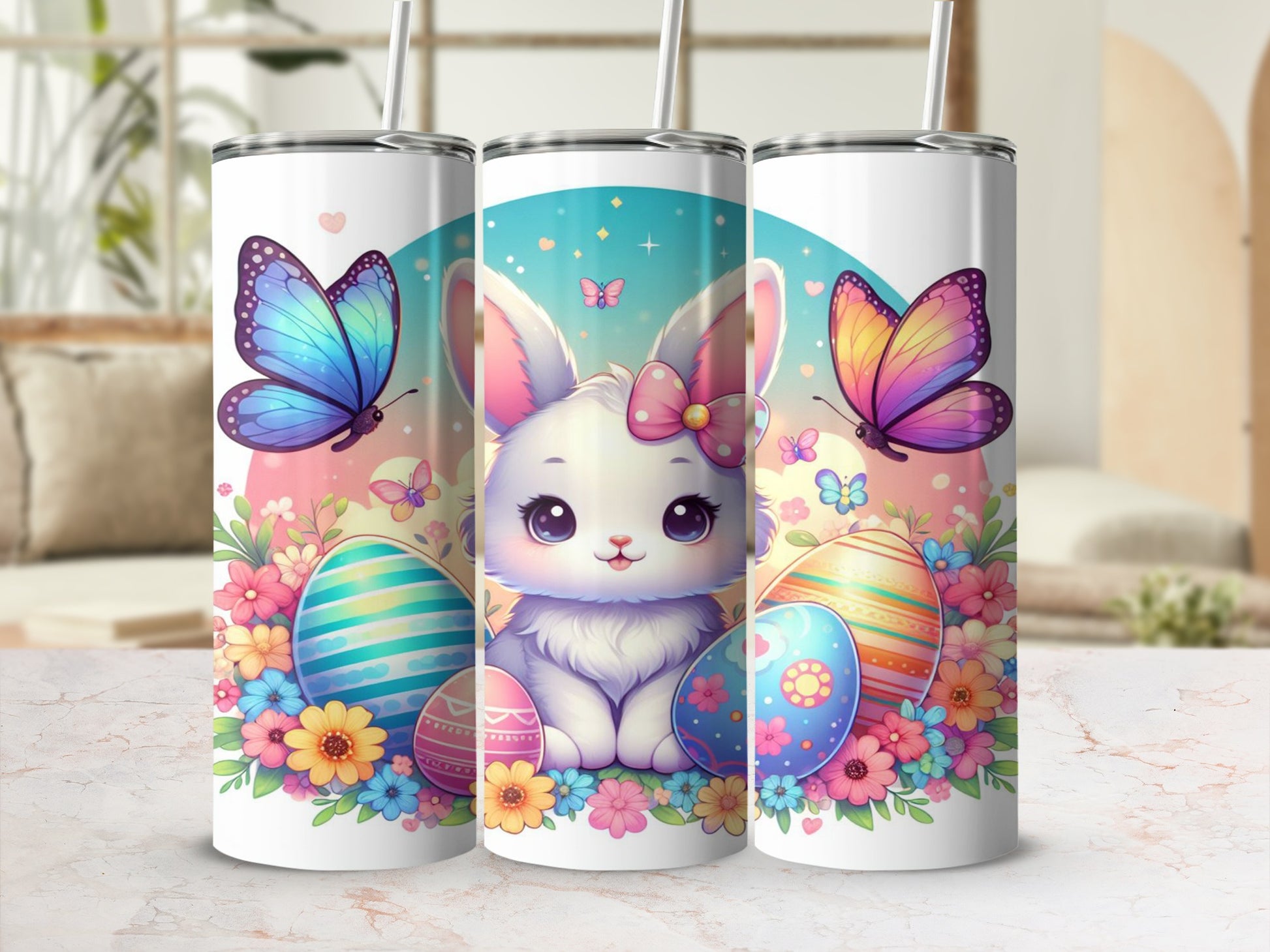 Easter bunny with colorful eggs and butterflies on a tumbler.
