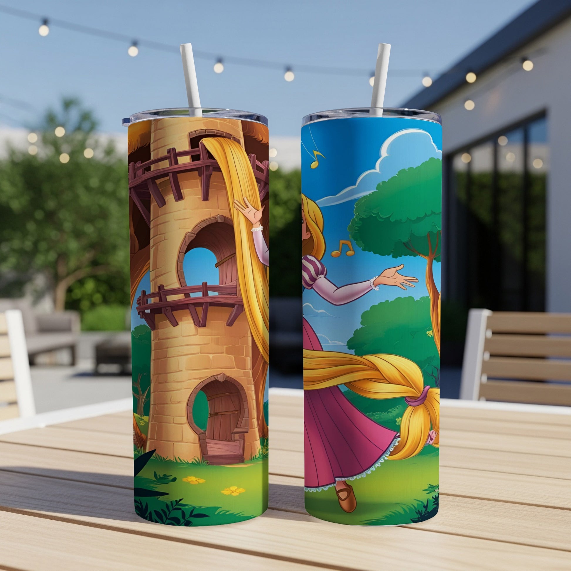 Rapunzel's tower and singing Rapunzel illustration on two tumblers.
