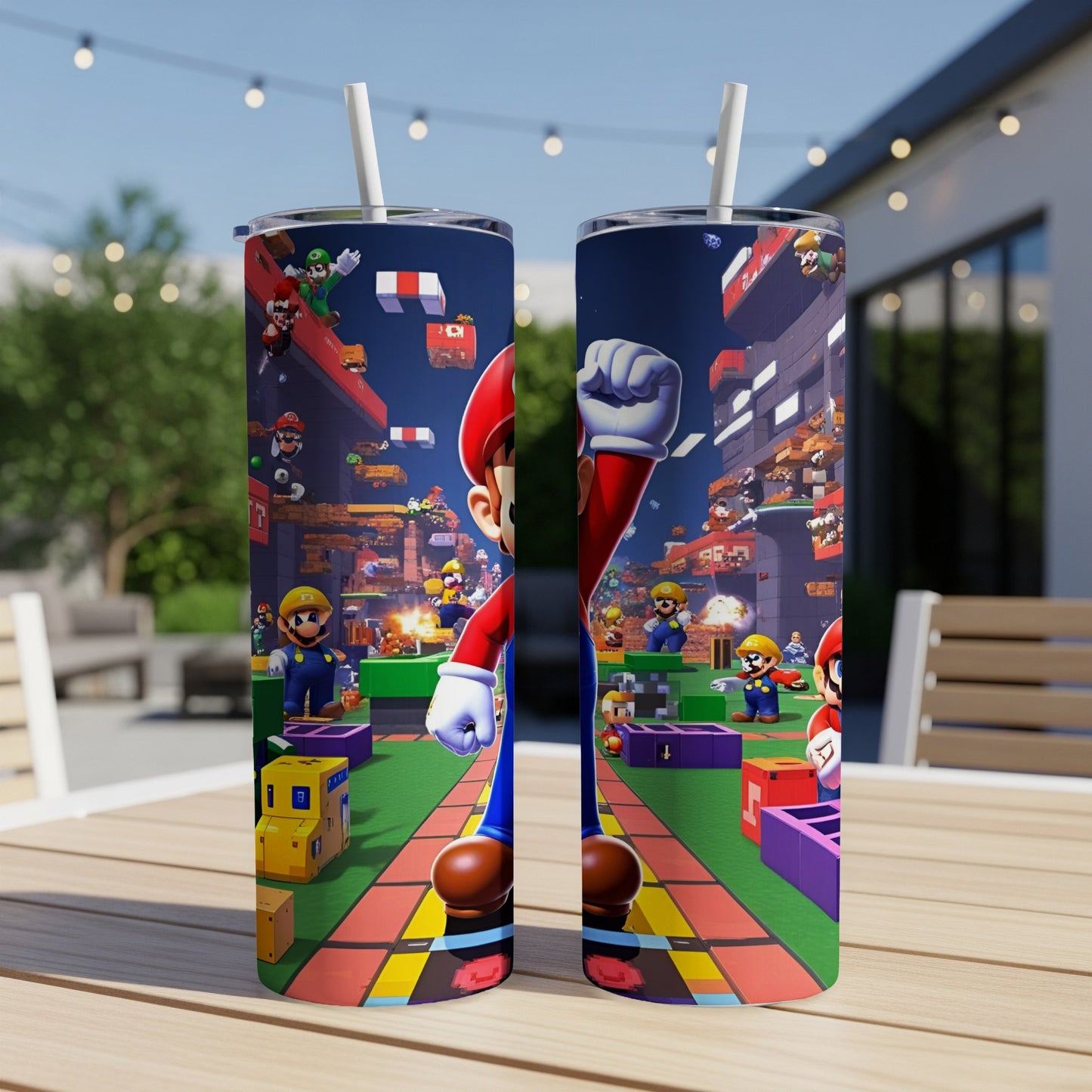 Super Mario characters and items from the game rendered on two tumblers.