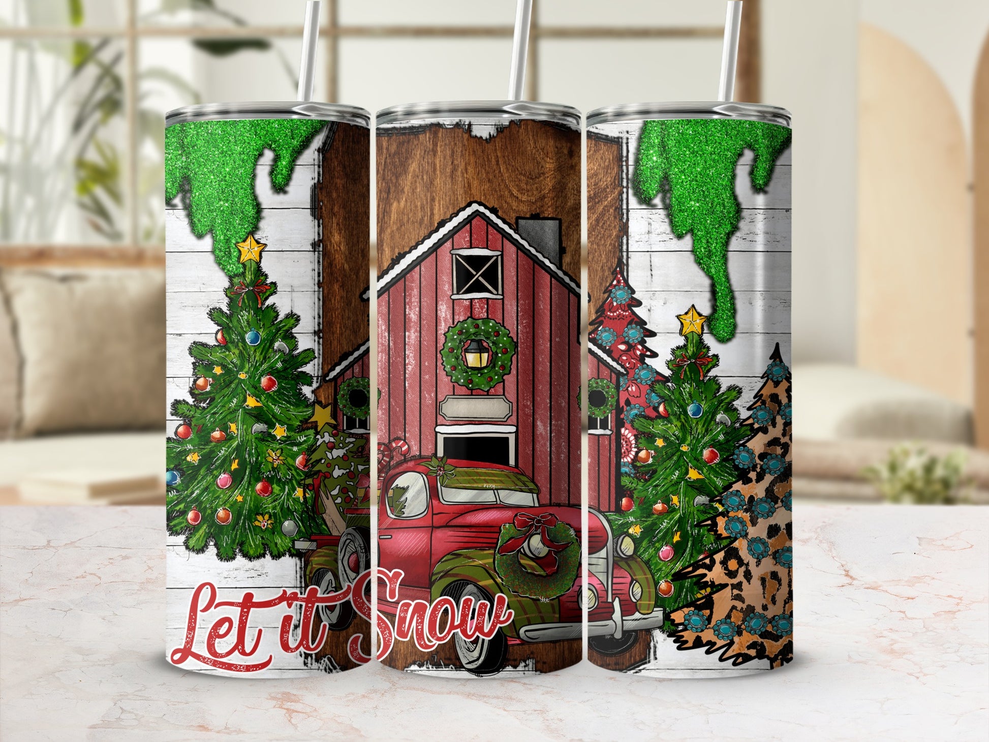 Red truck and Christmas trees with "Let It Snow" text on rustic wood background.