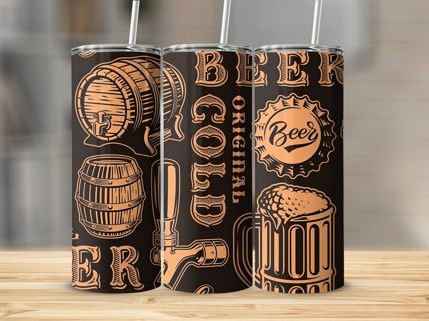 Beer Themed Tumbler with Barrel Mug and Tap Designs
